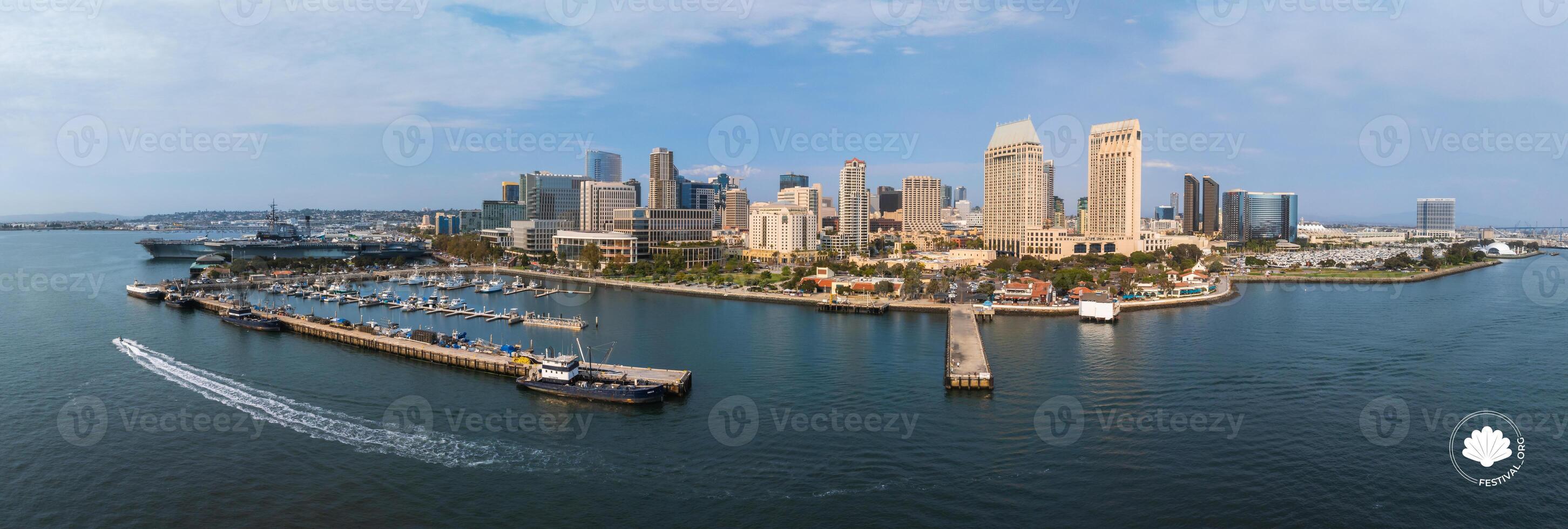 Aerial View of San Diego Skyline with USS Midway and Coronado Bridge photo
