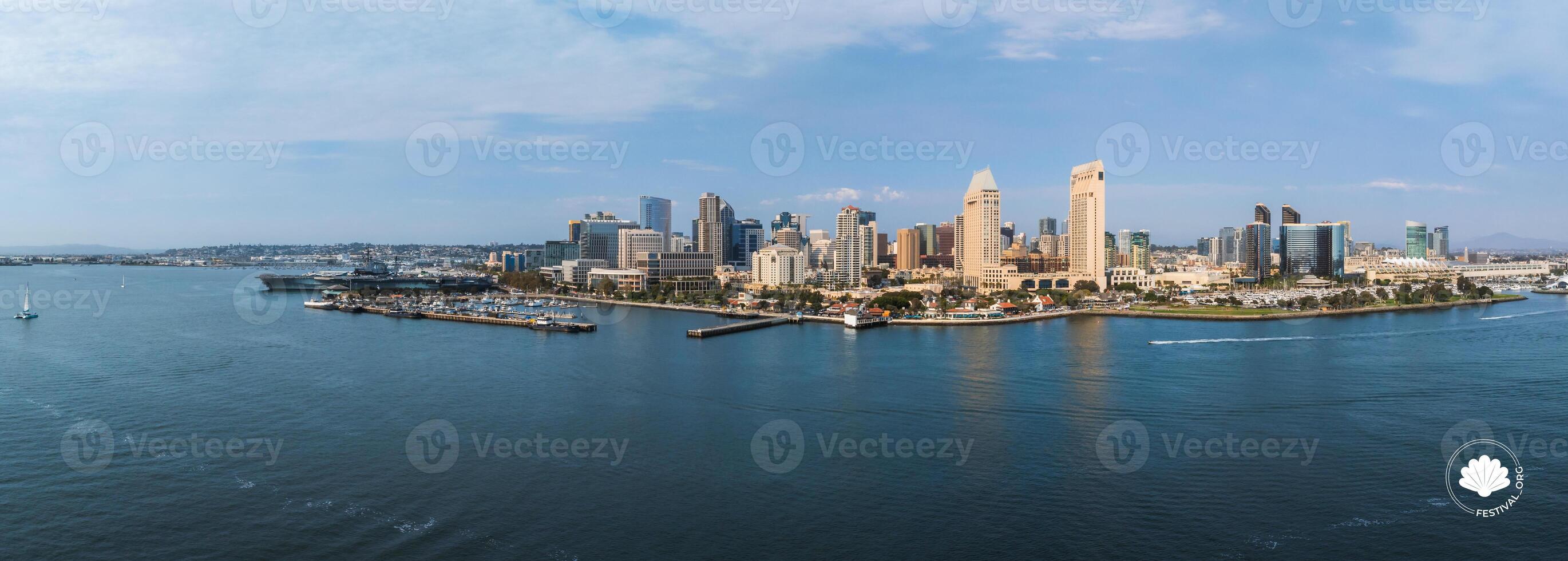 Aerial View of San Diego Skyline with San Diego Bay and USS Midway photo