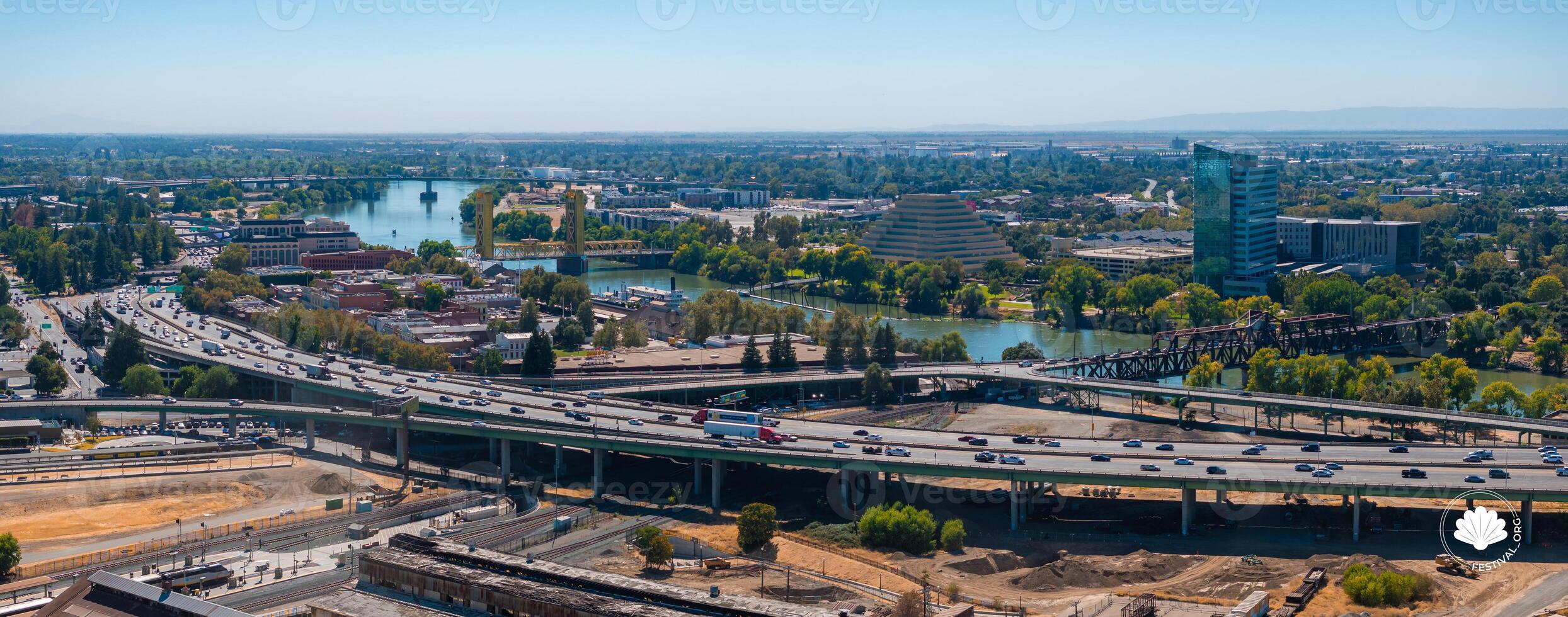 Aerial View of Sacramento with Tower Bridge and Ziggurat Building photo