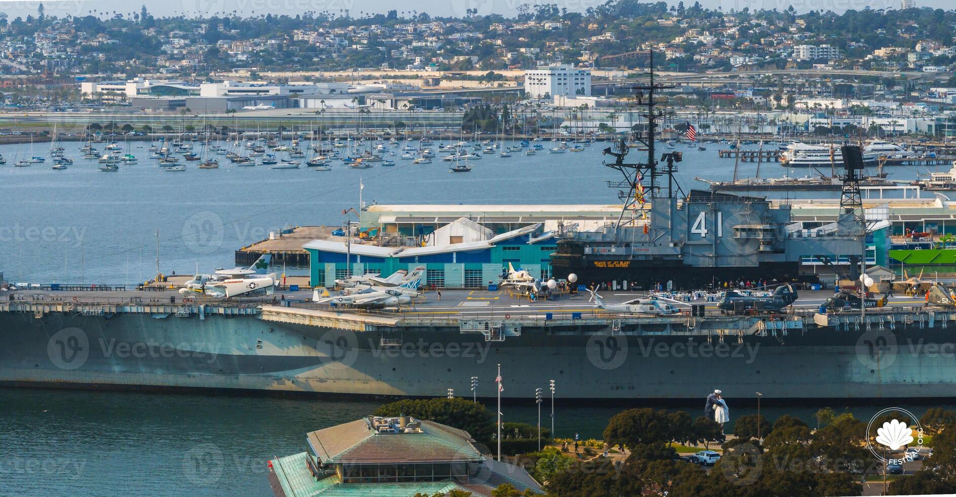 Aerial View of USS Midway Museum and San Diego Cityscape photo
