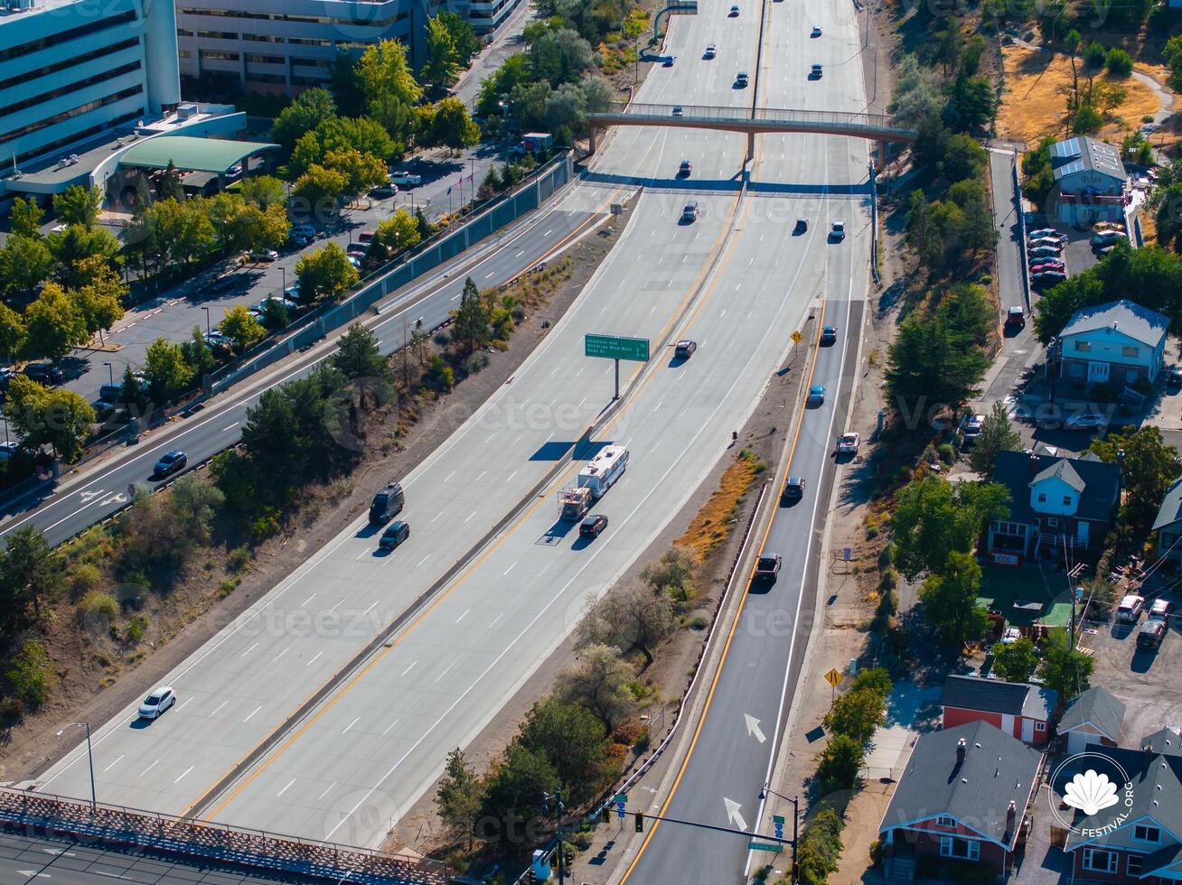 Aerial View of Highway and Pedestrian Bridge in Reno, USA photo