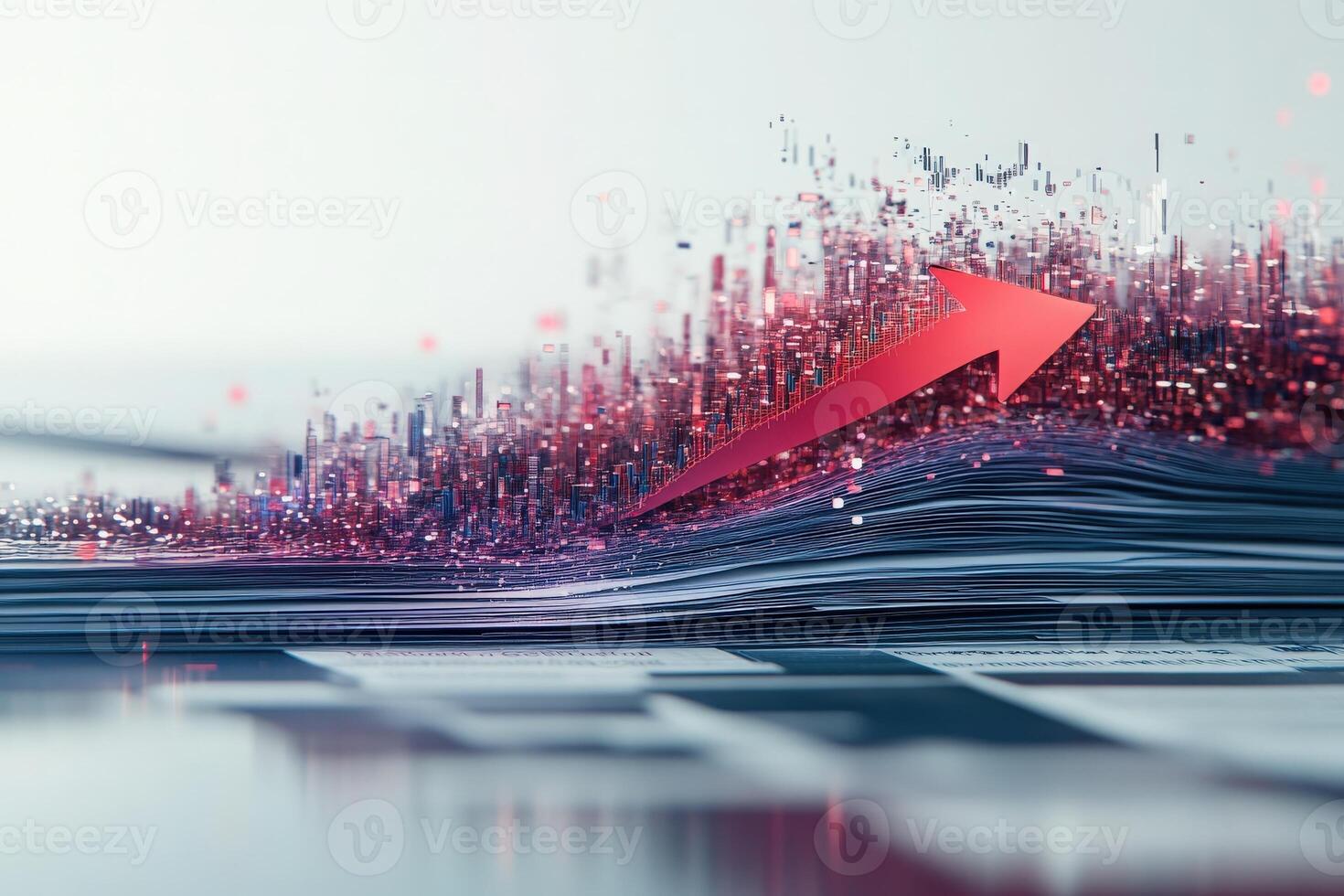 A striking red downward arrow pierces through a vibrant array of digital data, symbolizing a significant decline or negative trend, surrounded by layers of information and graphics. photo