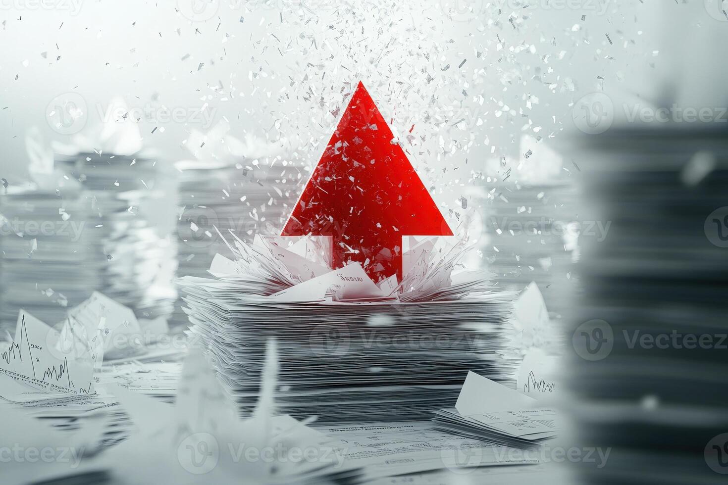 A striking red arrow descends forcefully, creating a dramatic impact on piles of crumpled paper scattered around. The atmosphere conveys a sense of urgency and disruption in a financial context. photo