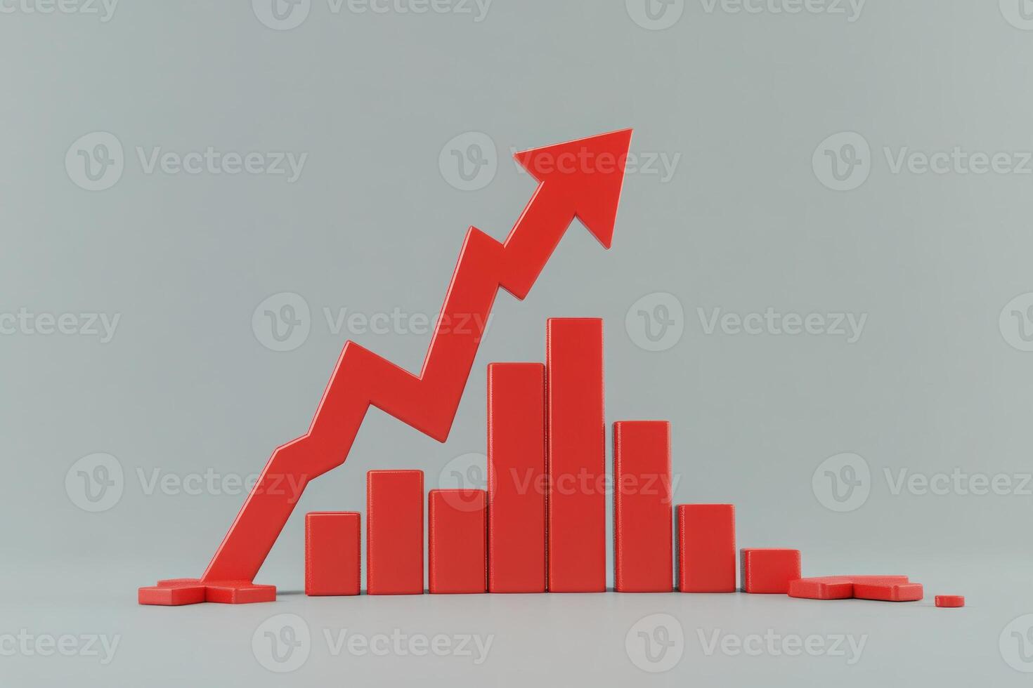 A vivid red downward arrow is forcefully breaking through a graph, which features increasing bars. The stark contrast emphasizes the dramatic drop in value against a subtle gray backdrop. photo