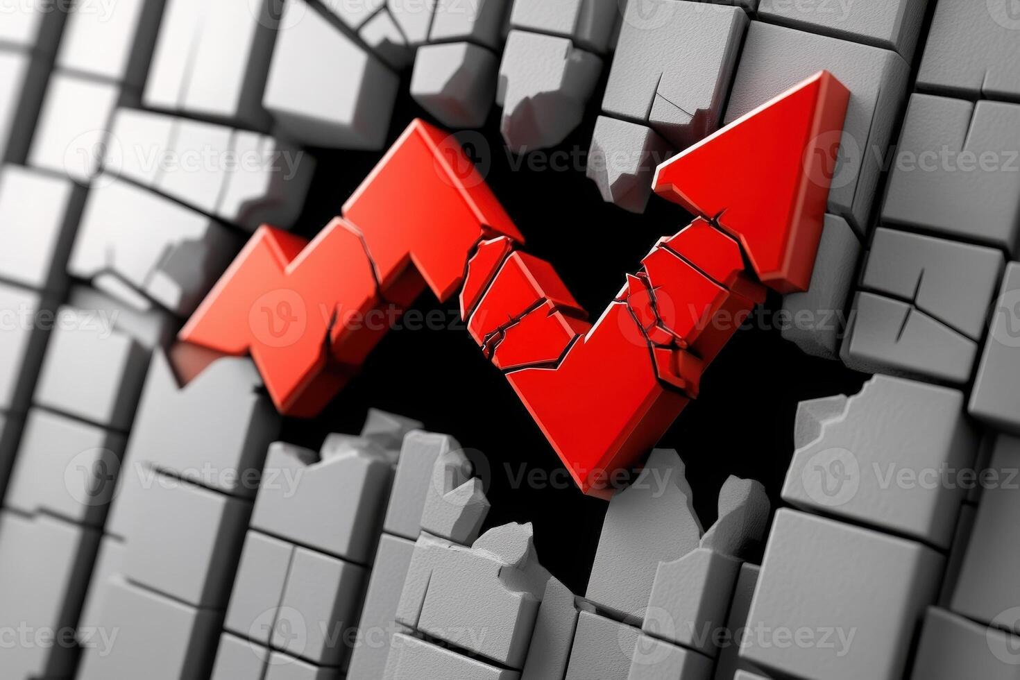 A striking red arrow crashes through a fragmented gray wall, representing a significant downturn in market conditions. This imagery powerfully conveys the impact of financial setbacks and losses. photo