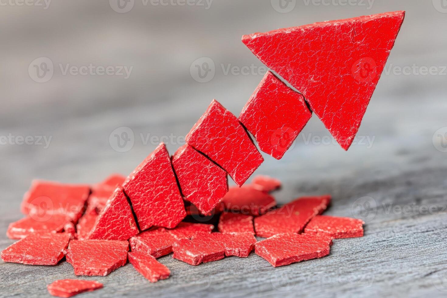 A bright red downward arrow crashes through fragmented pieces on a wooden surface, signifying a sharp decline or setback. The dynamic impact emphasizes failure and disruption in growth. photo