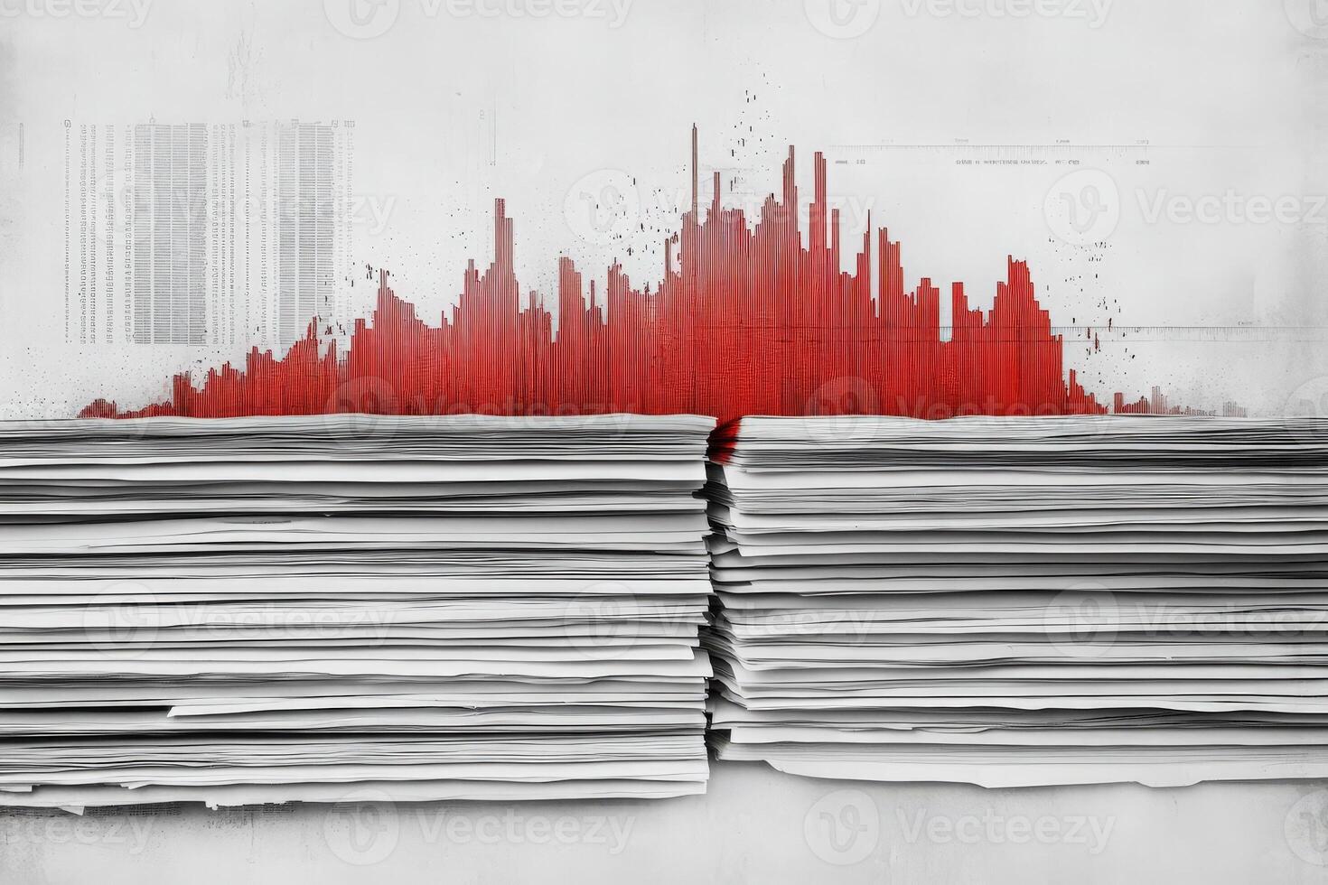 An isolated red arrow cuts through a stack of papers, representing a dramatic decline in data or performance. The visual conveys urgency and loss in a stark yet impactful way. photo