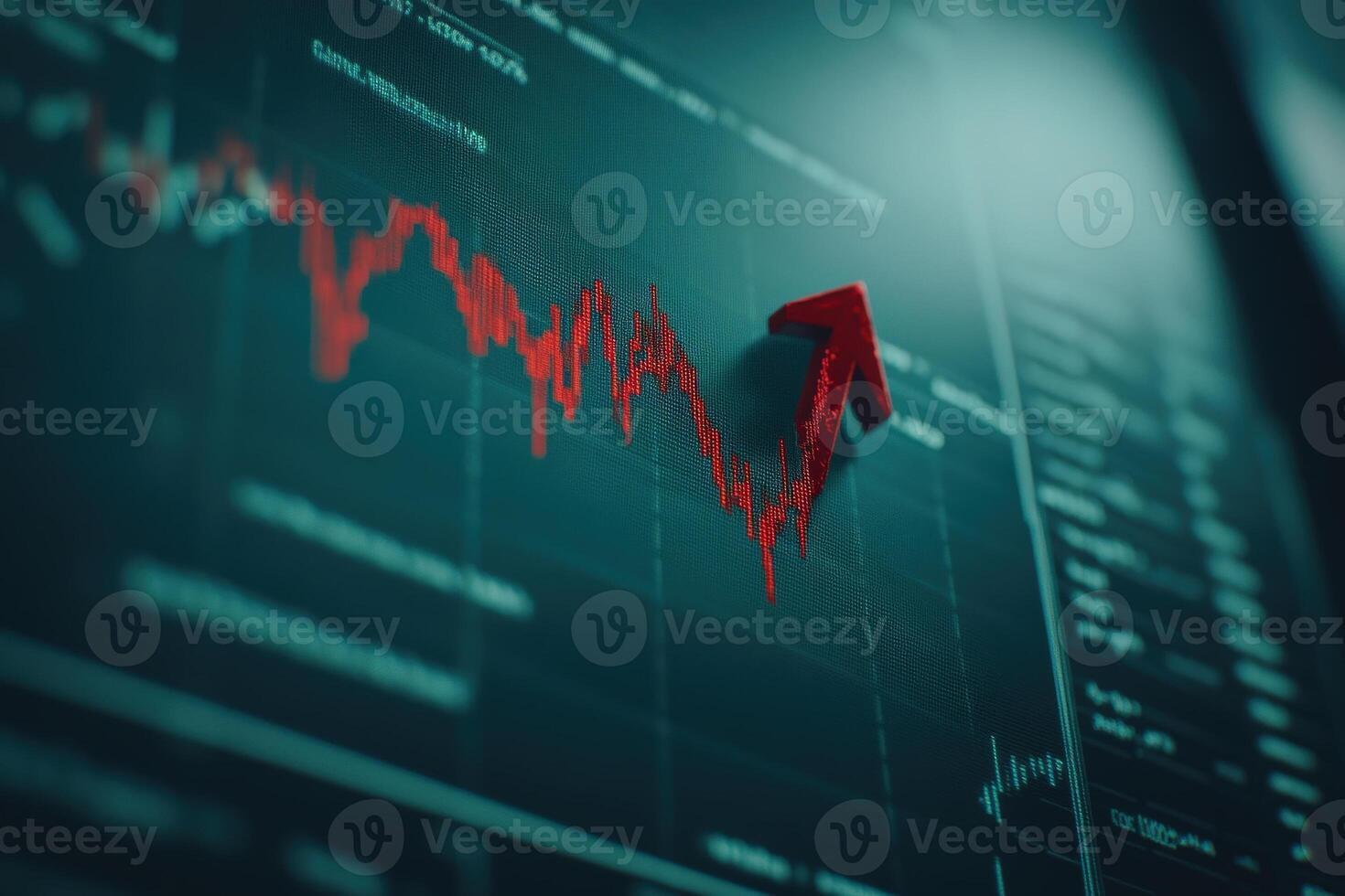 A striking red arrow descends sharply, representing a downturn in market prices. The backdrop features a digital graph, illustrating financial volatility amidst trading activities. photo