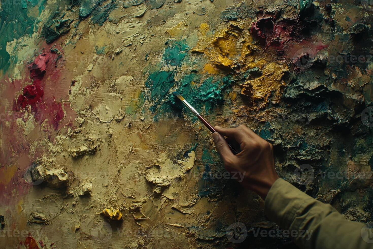 A skilled artists hand grips a brush, delicately mixing vibrant colors on a textured canvas. The workspace is well-lit, enhancing the rich hues and artistic details of the artwork being created. photo