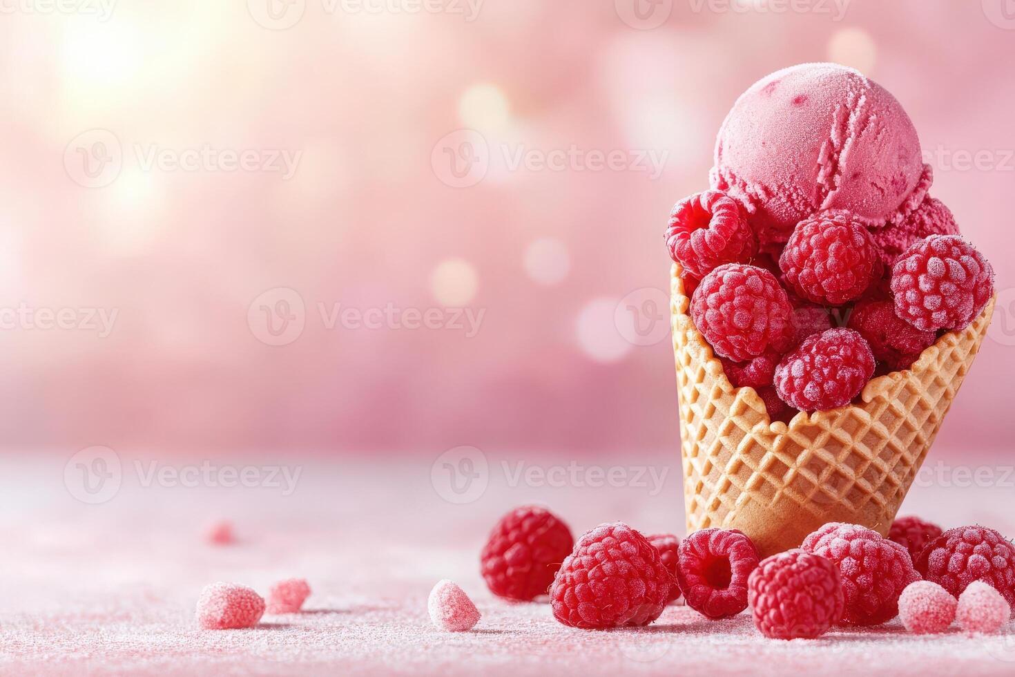 An ice cream cone holds a scoop of raspberry-flavored ice cream, surrounded by fresh raspberries. The background features soft pink hues, creating a delightful dessert presentation. photo