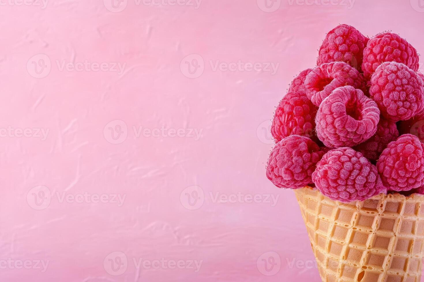 This delightful ice cream cone is overflowing with vibrant, fresh raspberries, showcasing a rich pink color that contrasts beautifully with the cones golden hue. photo