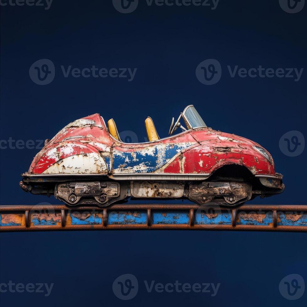 An isolated vintage rollercoaster car, painted in faded red and blue, sits on its weathered track amidst an abandoned amusement park. photo