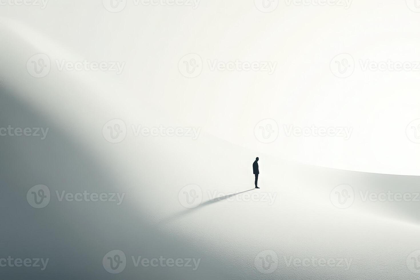A lone individual stands in a vast, tranquil snowy landscape during early morning hours. The soft light creates a peaceful atmosphere, emphasizing solitude and simplicity. photo