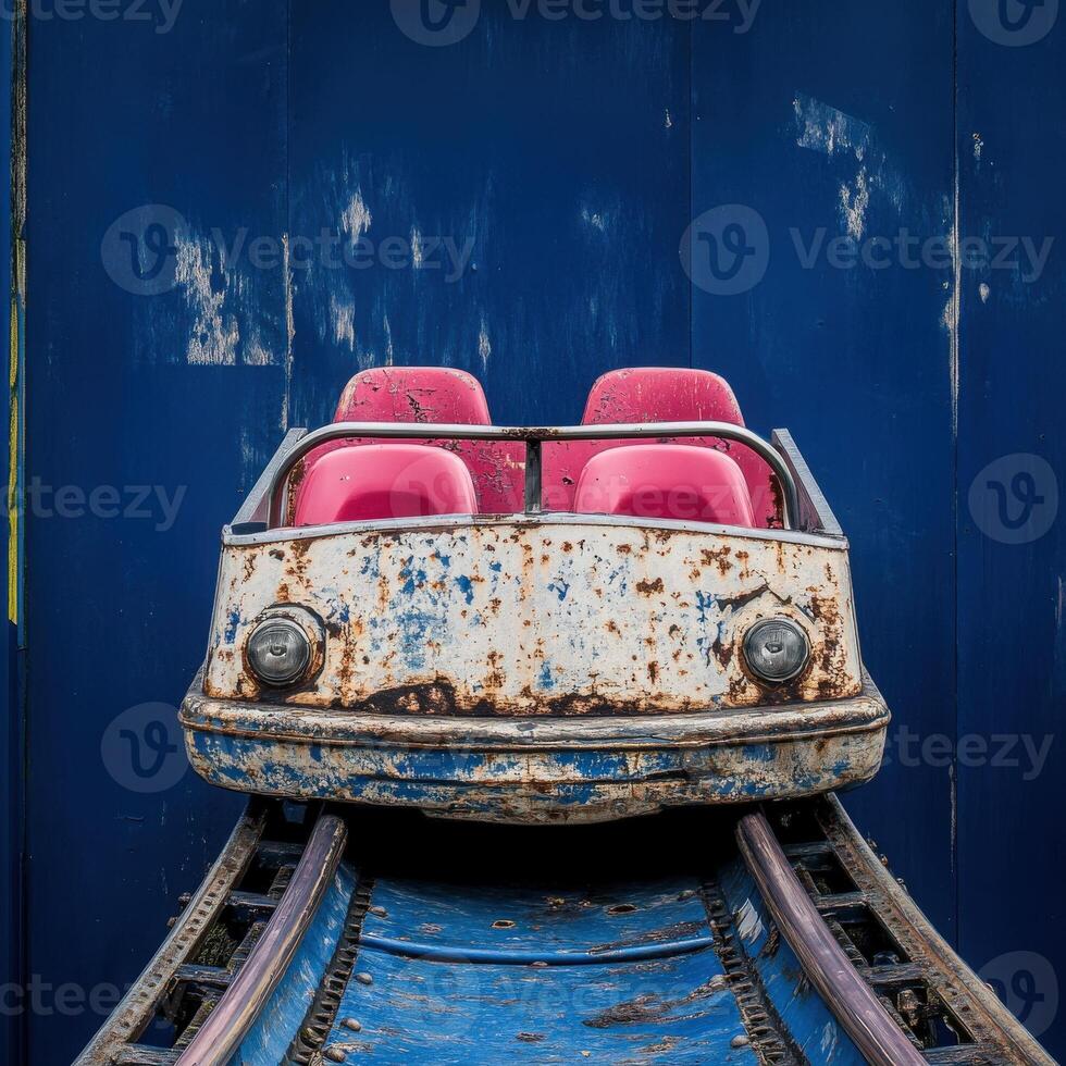 This vintage rollercoaster car sits alone on rusted tracks, showcasing its weathered features and faded paint. The vibrant pink seats contrast with the peeling blue backdrop, evoking nostalgia. photo