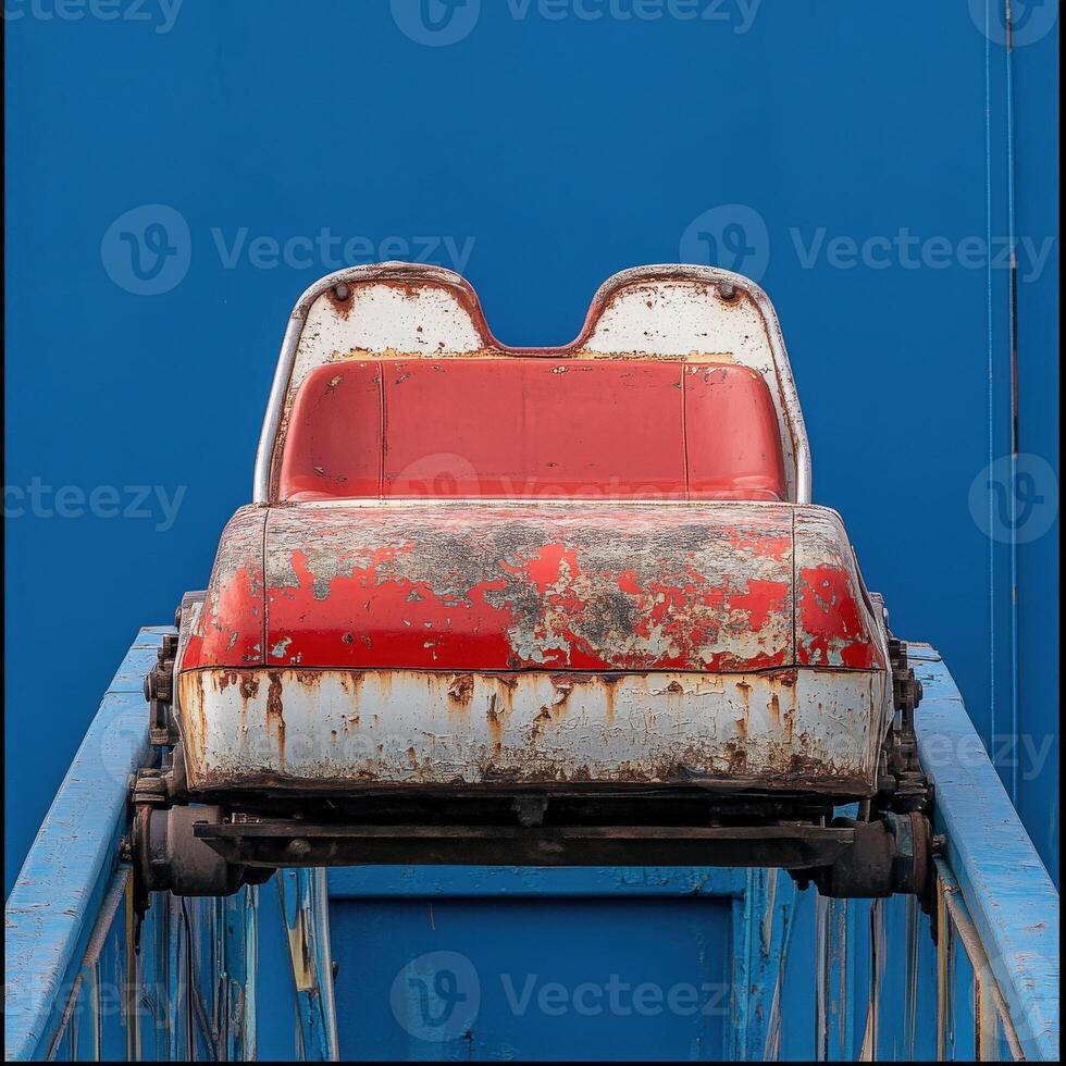 A solitary vintage rollercoaster car, showing signs of age with peeling paint and rust, sits abandoned on the edge of a curved track, creating a striking contrast against a vibrant blue backdrop. photo