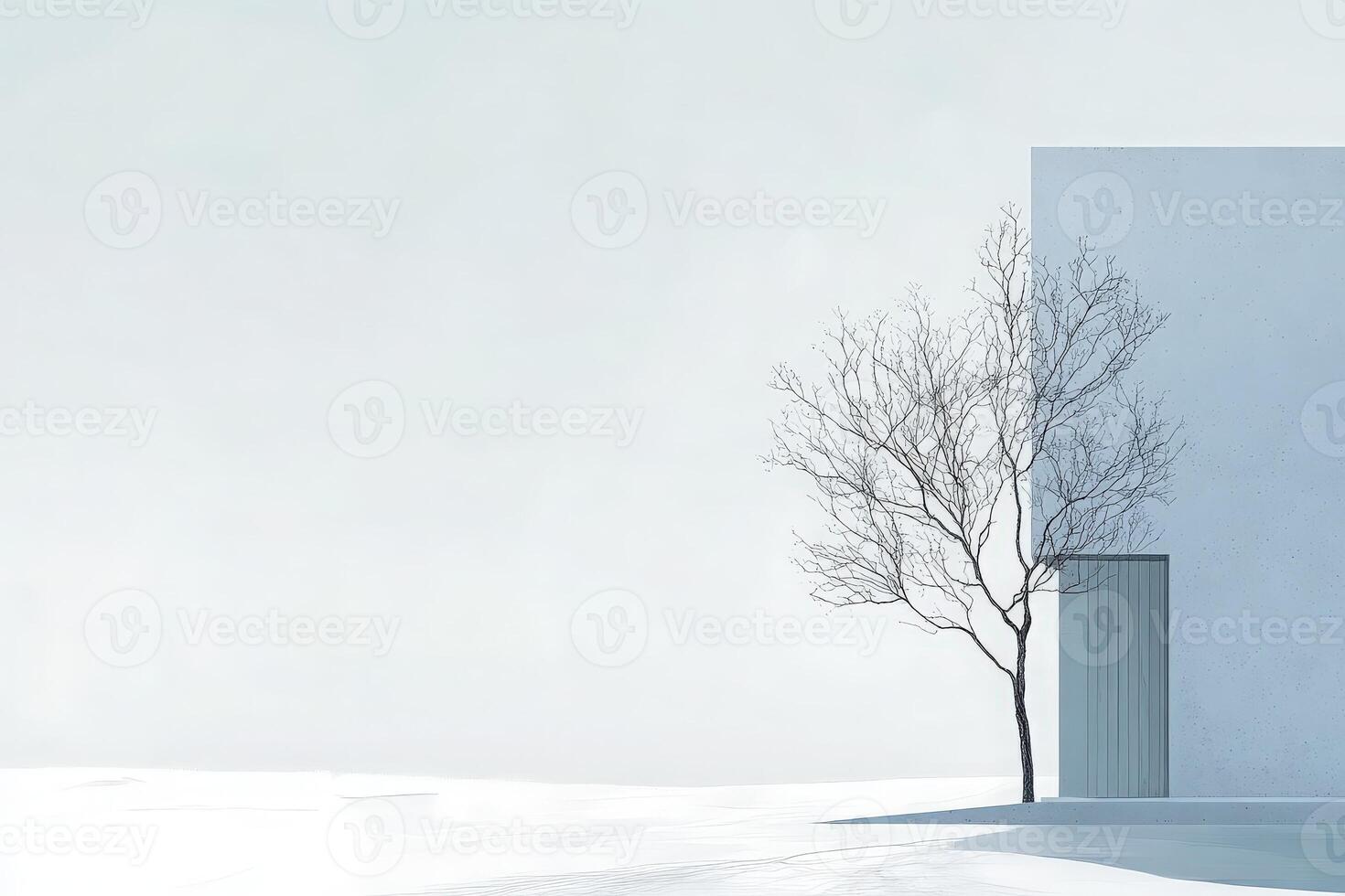 Amidst a serene winter atmosphere, a lone bare tree stands next to a clean white structure, reflecting a minimalist aesthetic. The bright sky adds tranquility to the scene. photo