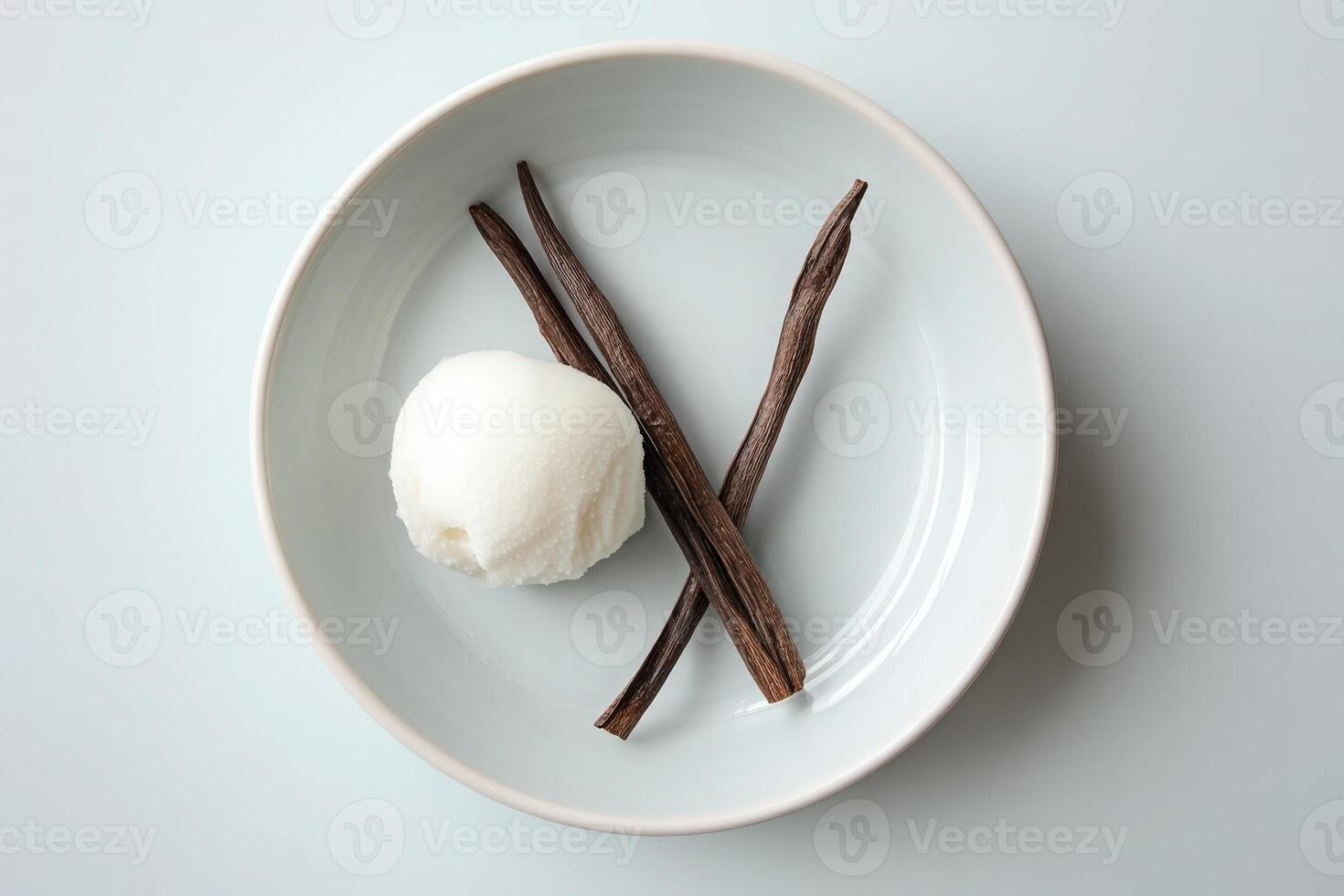 A scoop of creamy dessert sits elegantly on a simple white plate, accompanied by slender vanilla pods, emphasizing a minimalist aesthetic. The focus is on pure flavors and presentation. photo