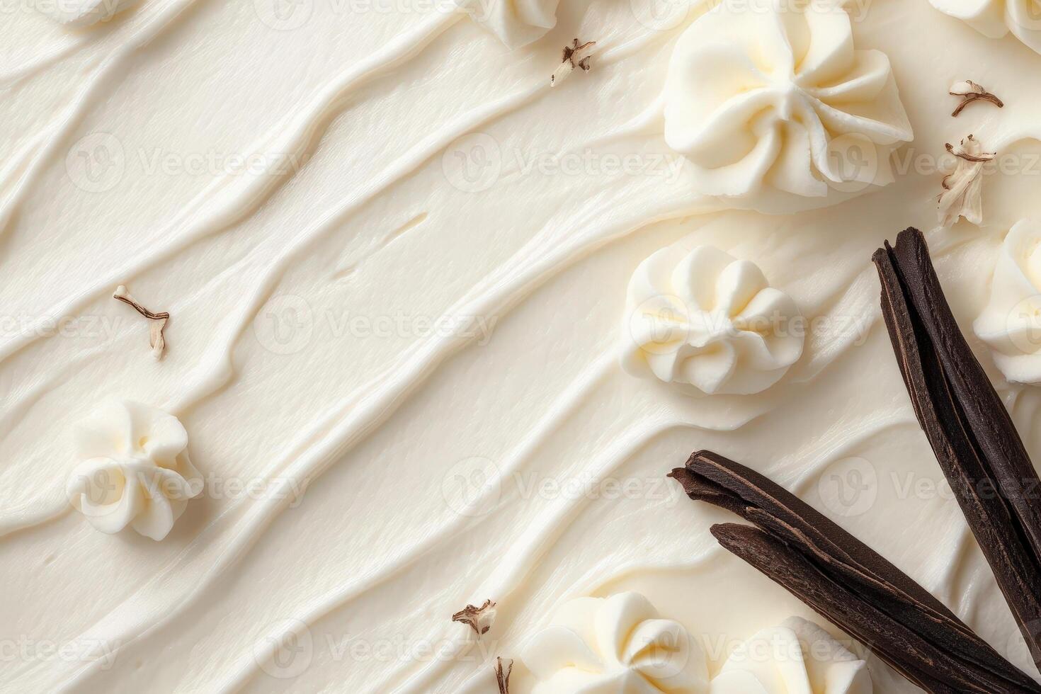 A smooth layer of vanilla frosting features beautiful swirls and decorative accents, complemented by vanilla bean pods, creating a minimalist and inviting dessert display. photo