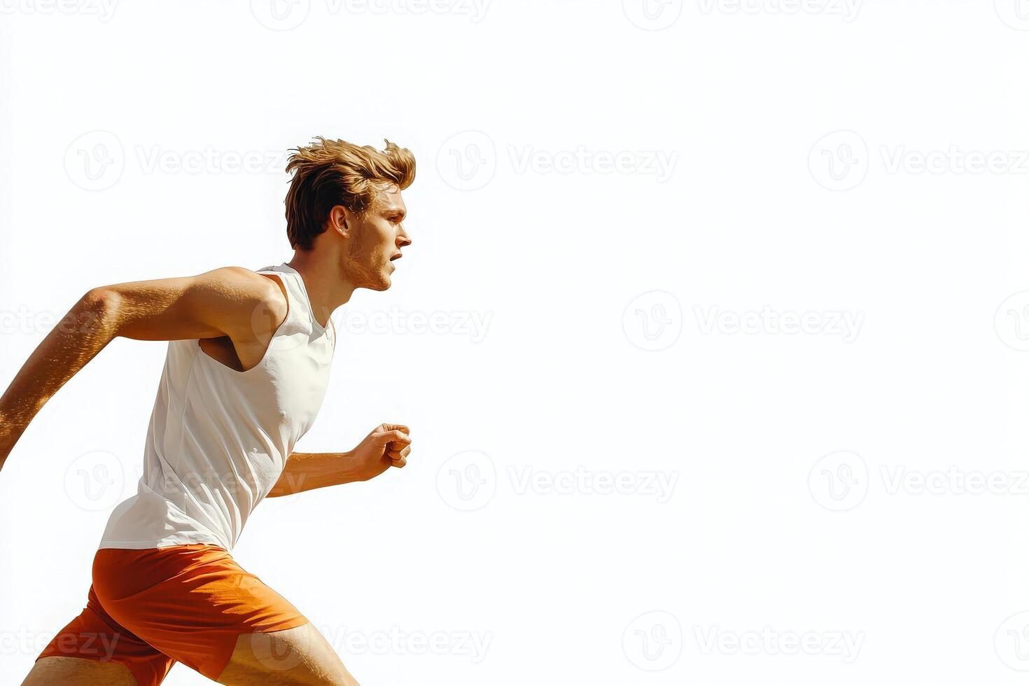 A focused male athlete is running at full speed, showcasing determination and strength. His athletic attire and dynamic pose emphasize speed and agility against a plain white backdrop. photo