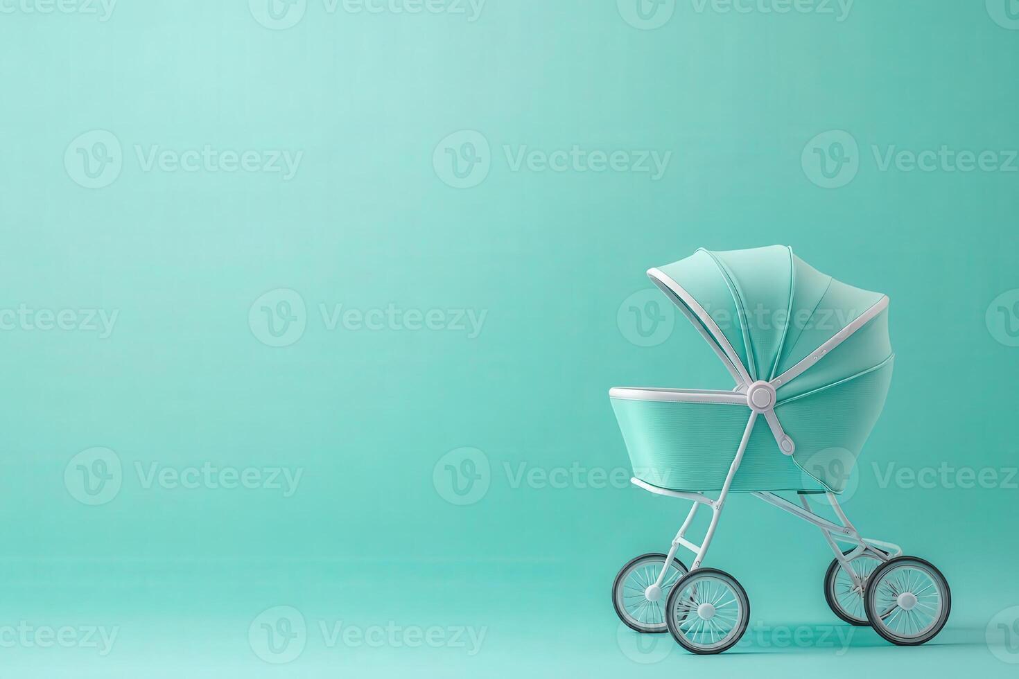 A charming baby carriage in soft mint green is showcased against a smooth, solid pastel background, highlighting its design and simplicity in a contemporary atmosphere. photo