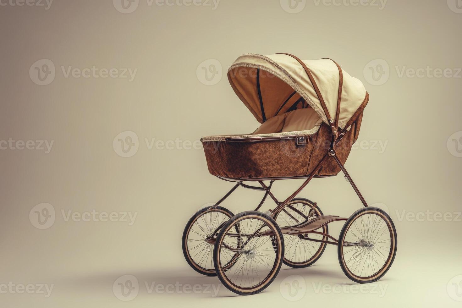 This baby pram features a classic canopy and a charming design, resting on a smooth, solid backdrop. It highlights the beauty of vintage baby transport in a serene setting. photo