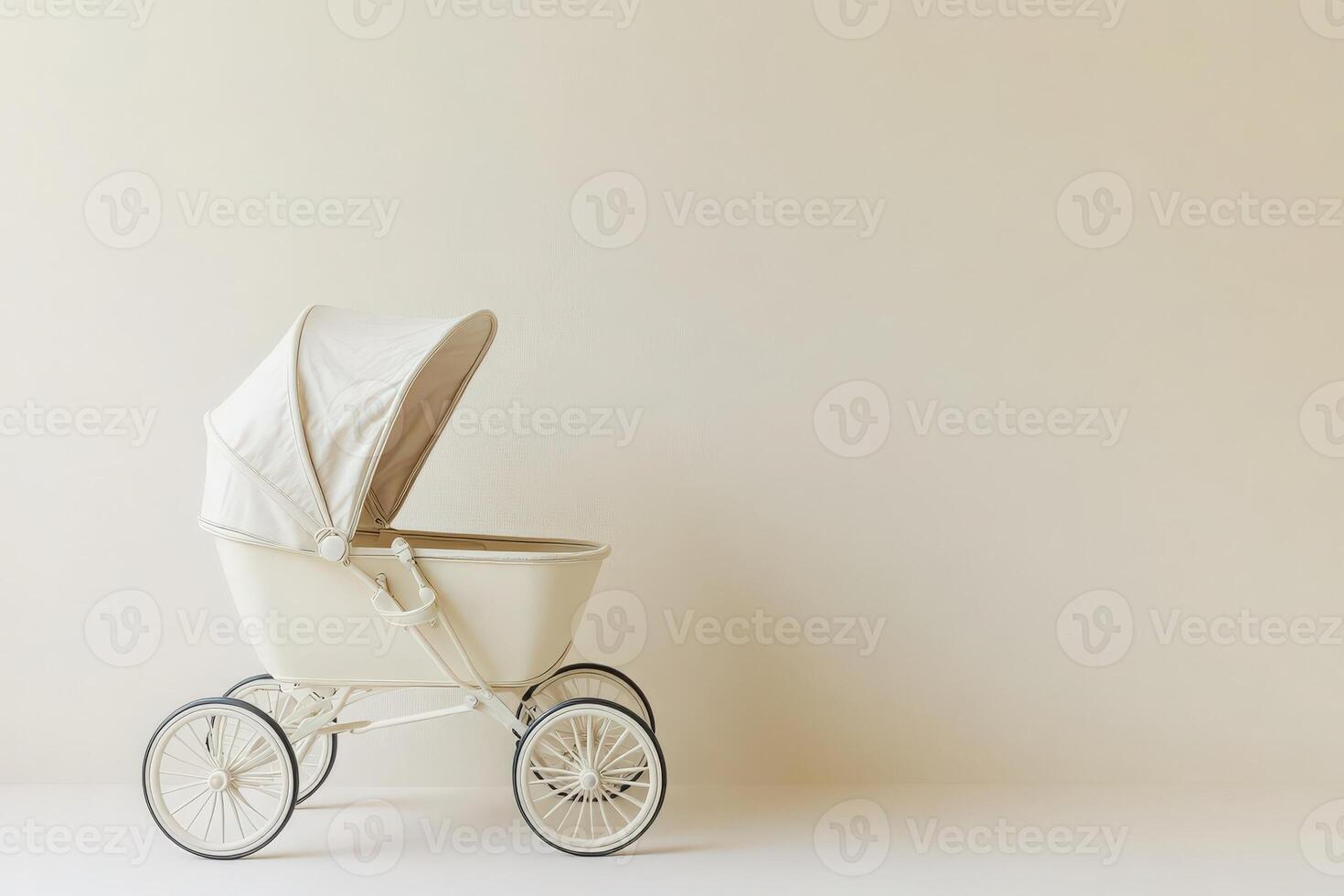 This stylish baby pram features a protective canopy, perched elegantly on a pristine solid surface, perfect for parents on the go. Its neutral design complements any setting. photo