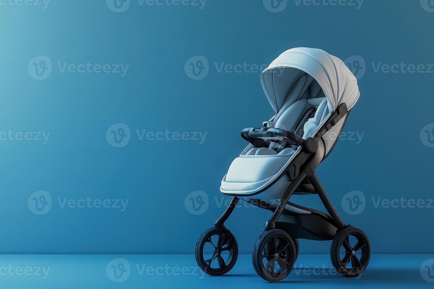 A variety of baby stroller accessories are arranged neatly on a solid blue background, showcasing their modern design. photo