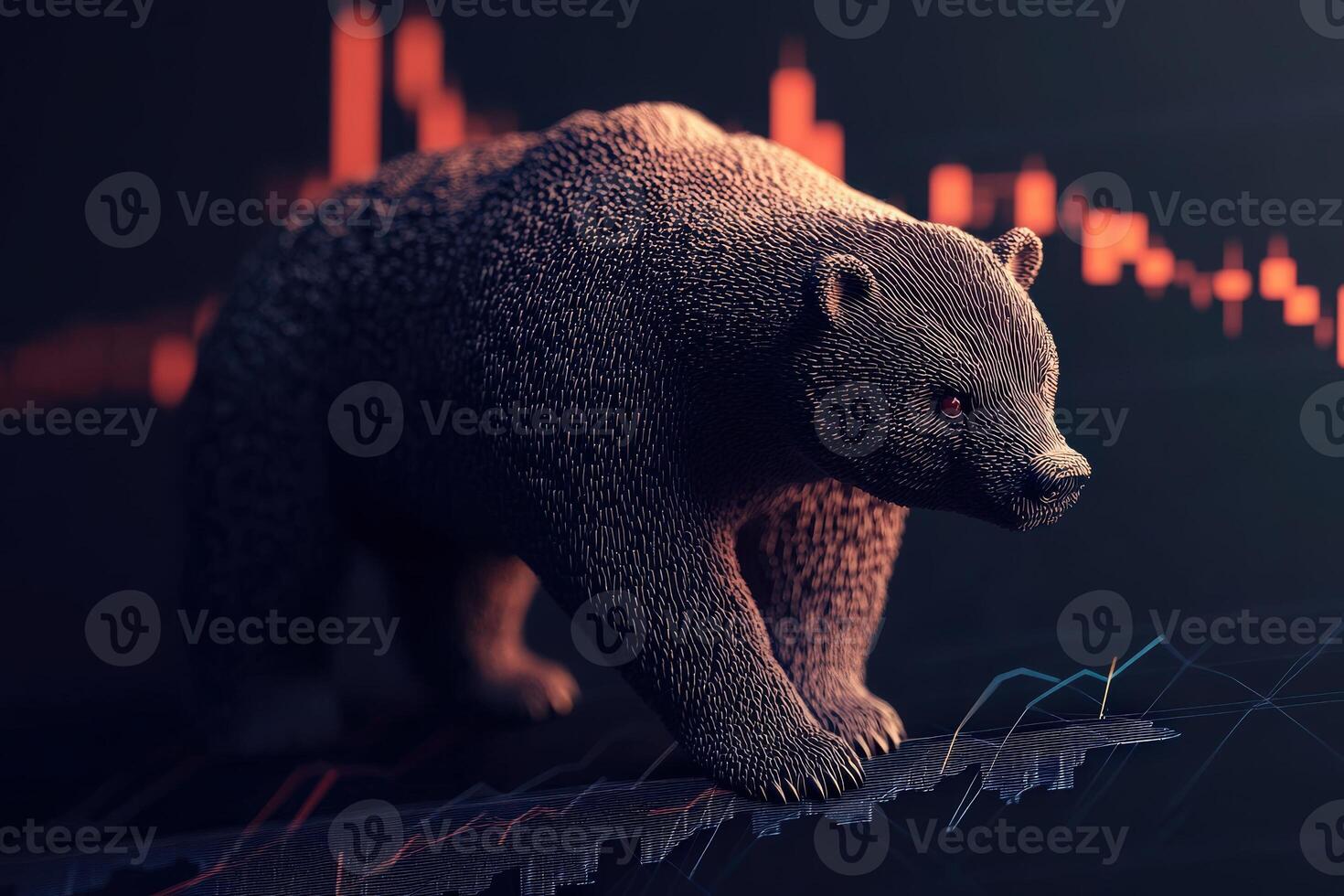 A bear figurine stands prominently against a dark background filled with red and green market trend lines. This minimalist representation conveys the essence of a bearish market indicator effectively. photo