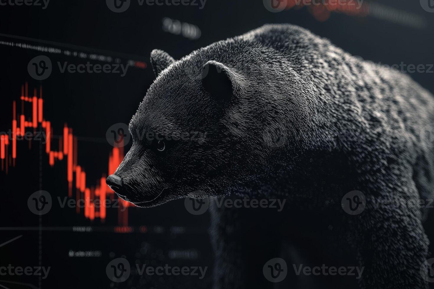 A powerful representation of a bearish market, showcasing a bear set against declining stock charts in a clean, minimalist design that highlights the current financial climate. photo
