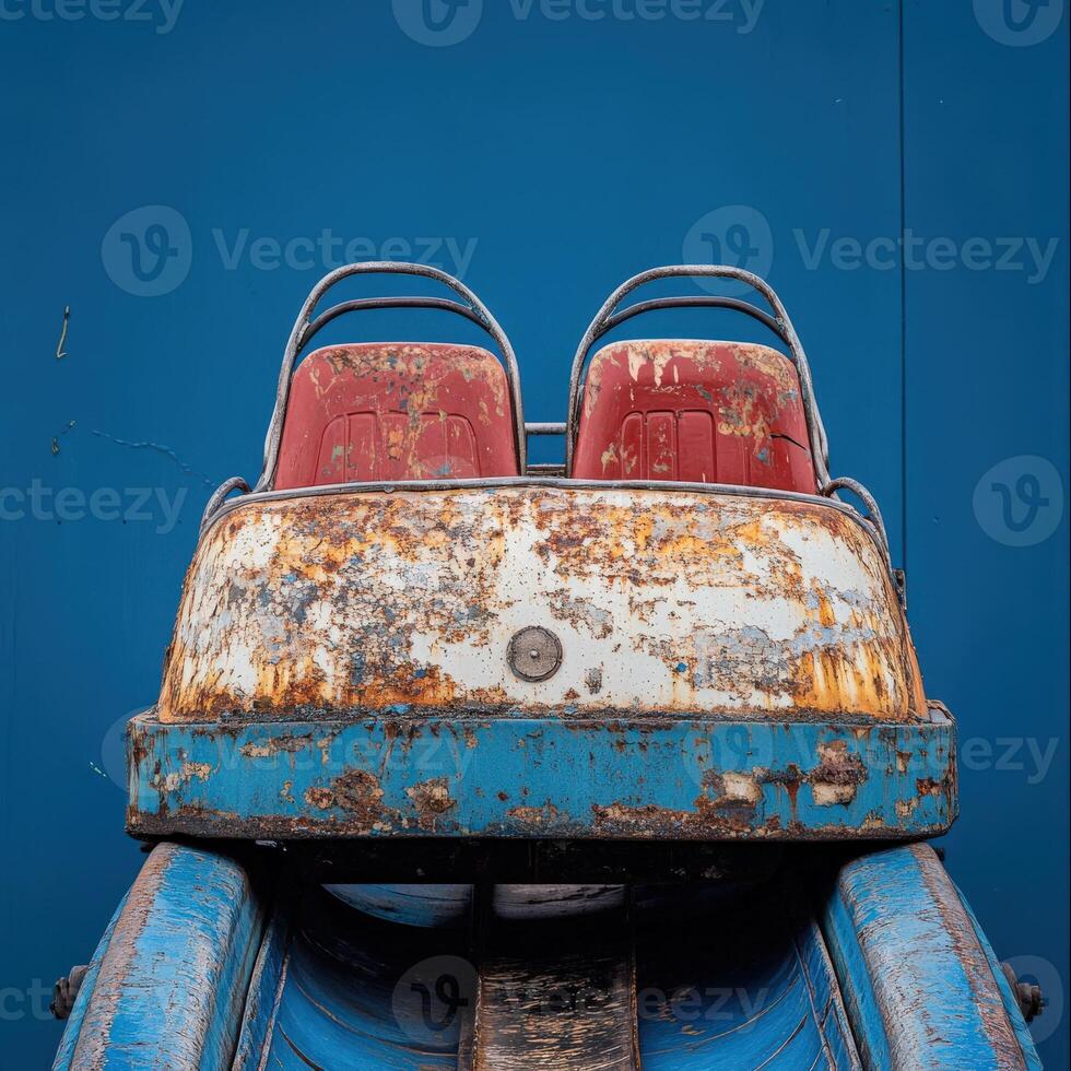 The vintage rollercoaster car showcases its weathered paint and rust, sitting alone in an abandoned amusement park. The vibrant blue wall contrasts sharply with its peeling colors, evoking nostalgia. photo