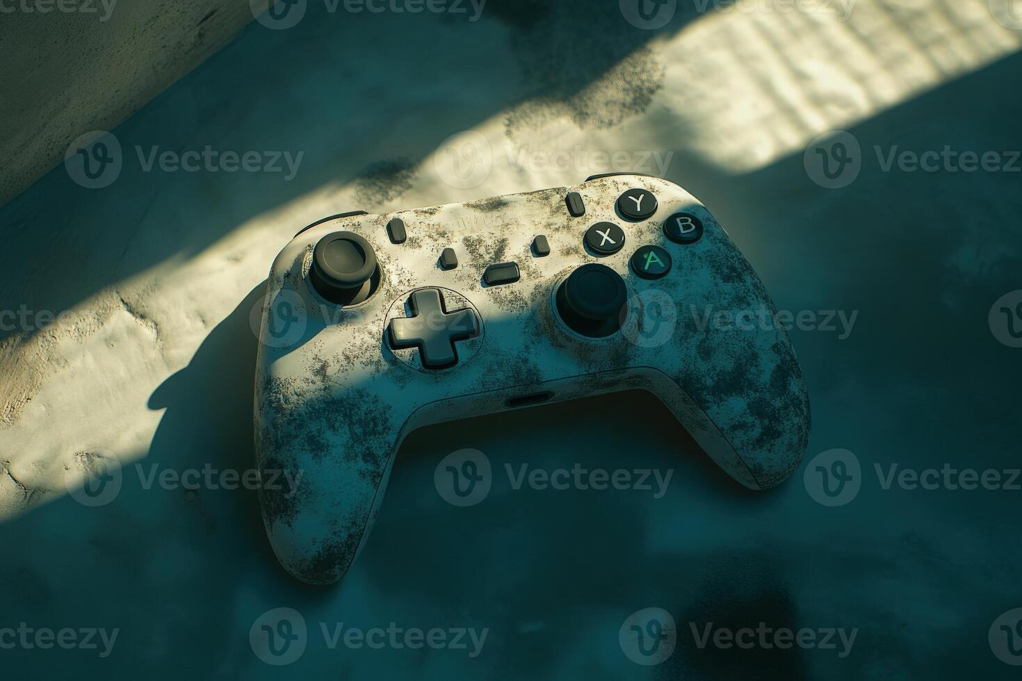 A worn-out vintage game controller is placed on a textured surface. The soft, ambient light highlights its details, evoking nostalgia and memories of gaming experiences. photo