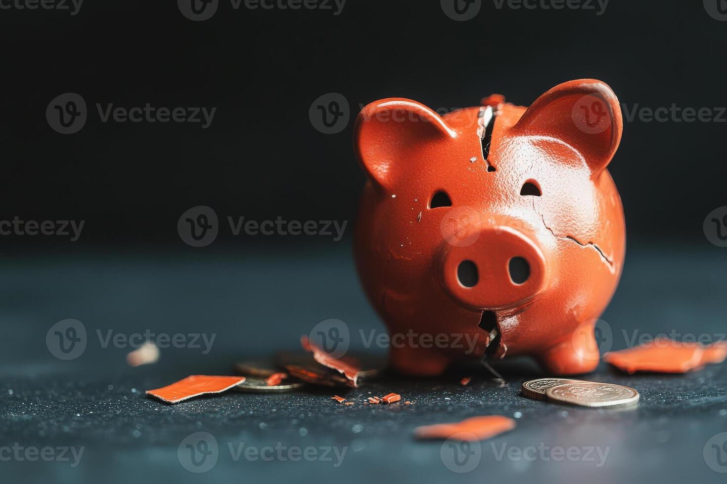 The cracked red piggy bank sits on a clean black background, surrounded by scattered coins and fragments. It symbolizes wasted savings and financial setbacks. photo