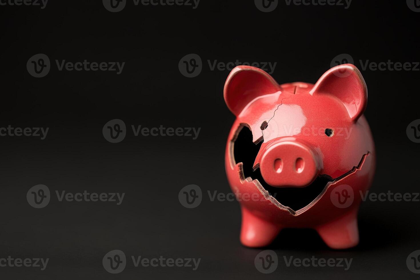 The broken piggy bank showcases critical damage, with cracks exposing its interior. It rests on a clean, solid black surface, highlighting the need to fix and collect its contents. photo