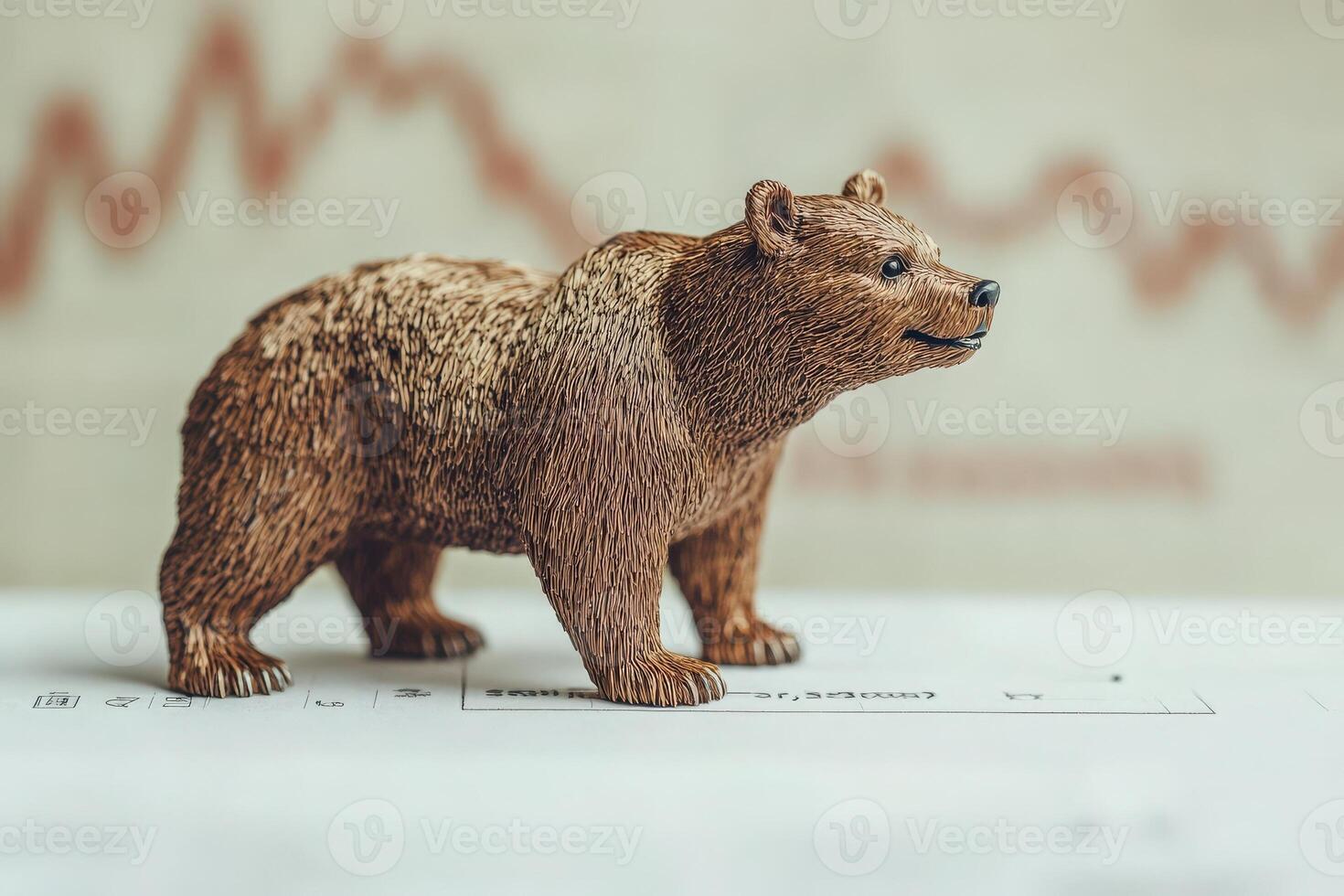 A small bear figurine stands on a clean surface, reflecting a bearish market trend illustrated in the background. The contrasting elements highlight the current economic sentiment. photo