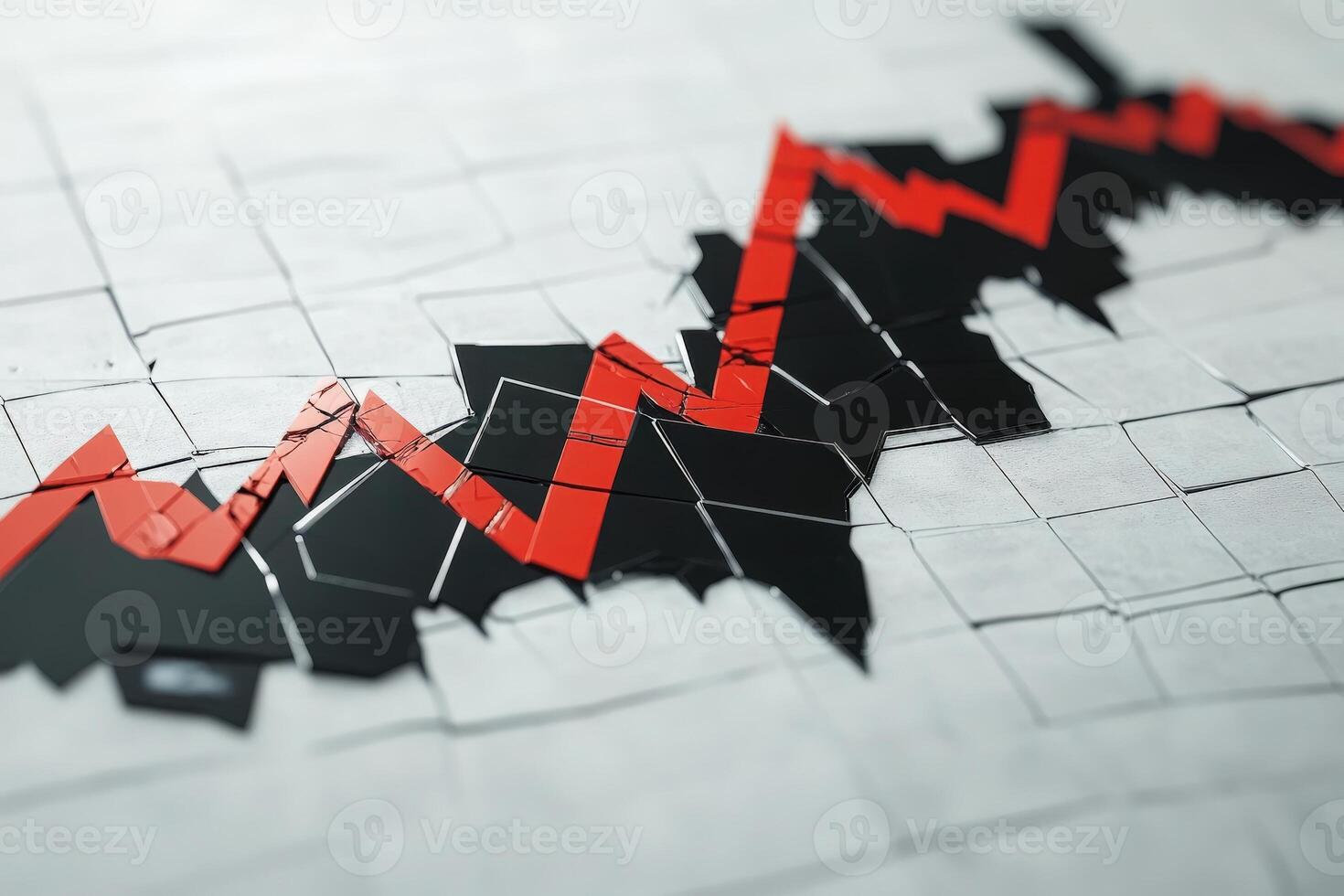 The artwork features a broken stock chart that visually represents a downward trend in financial markets. The sharp contrast between red and black elements emphasizes the decline. photo