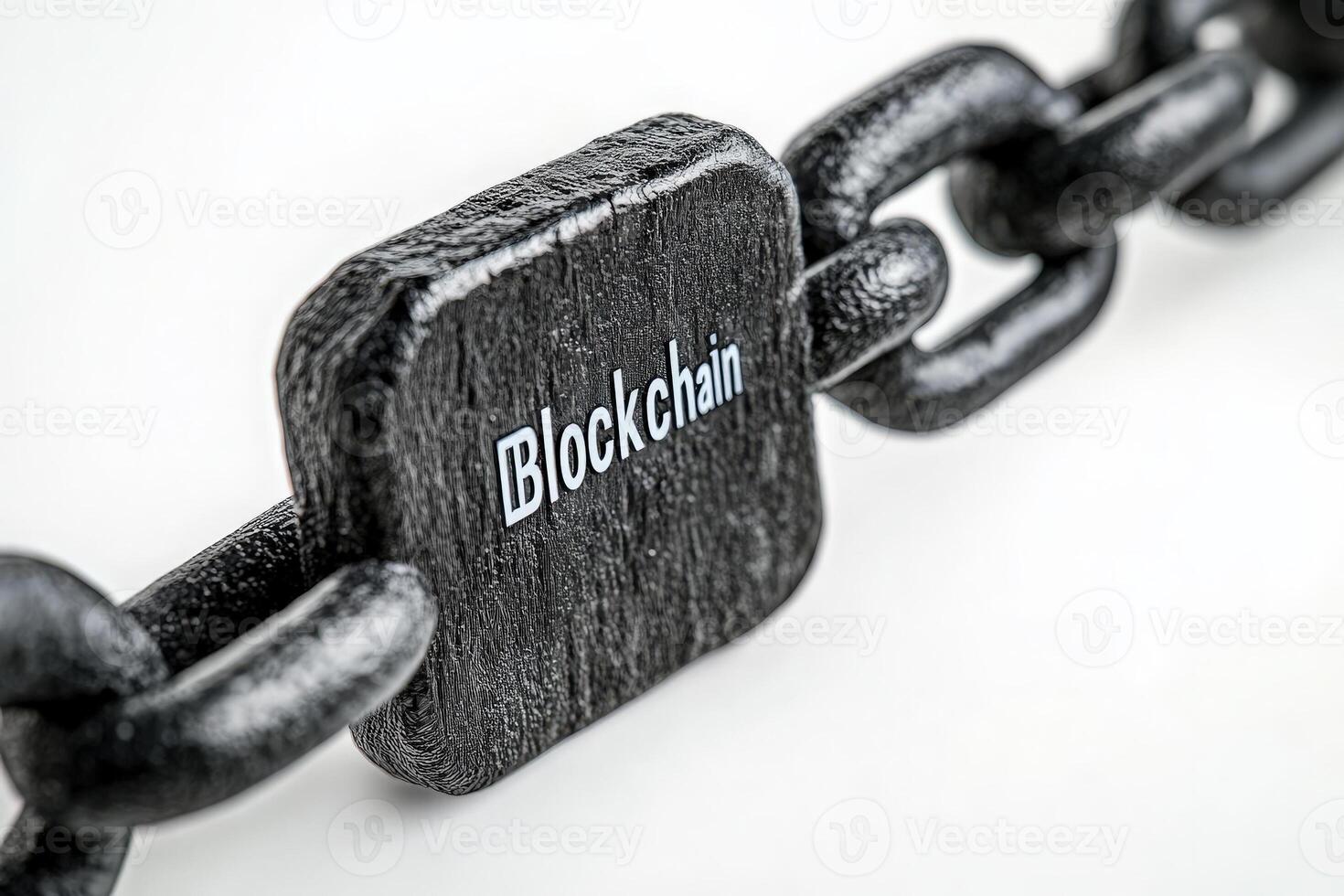 A detailed view of a black chain link with a block labeled blockchain highlights the essential structure and connections vital to this technologys function and security. photo