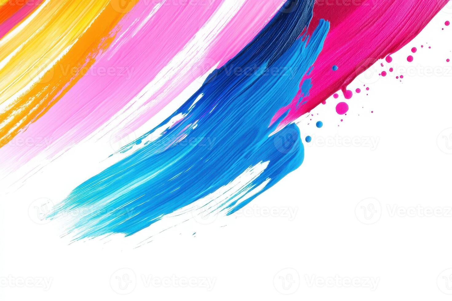 Vibrant brush strokes in shades of pink, blue, and yellow contrast sharply against a clean white canvas, showcasing an expressive and energetic style that captures attention. photo
