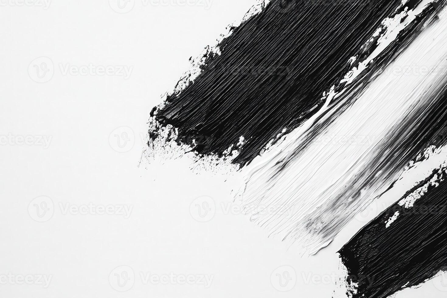 Dynamic black brush strokes contrast sharply with a pristine white background, showcasing an abstract artwork that emphasizes texture and movement in a minimalist style. photo