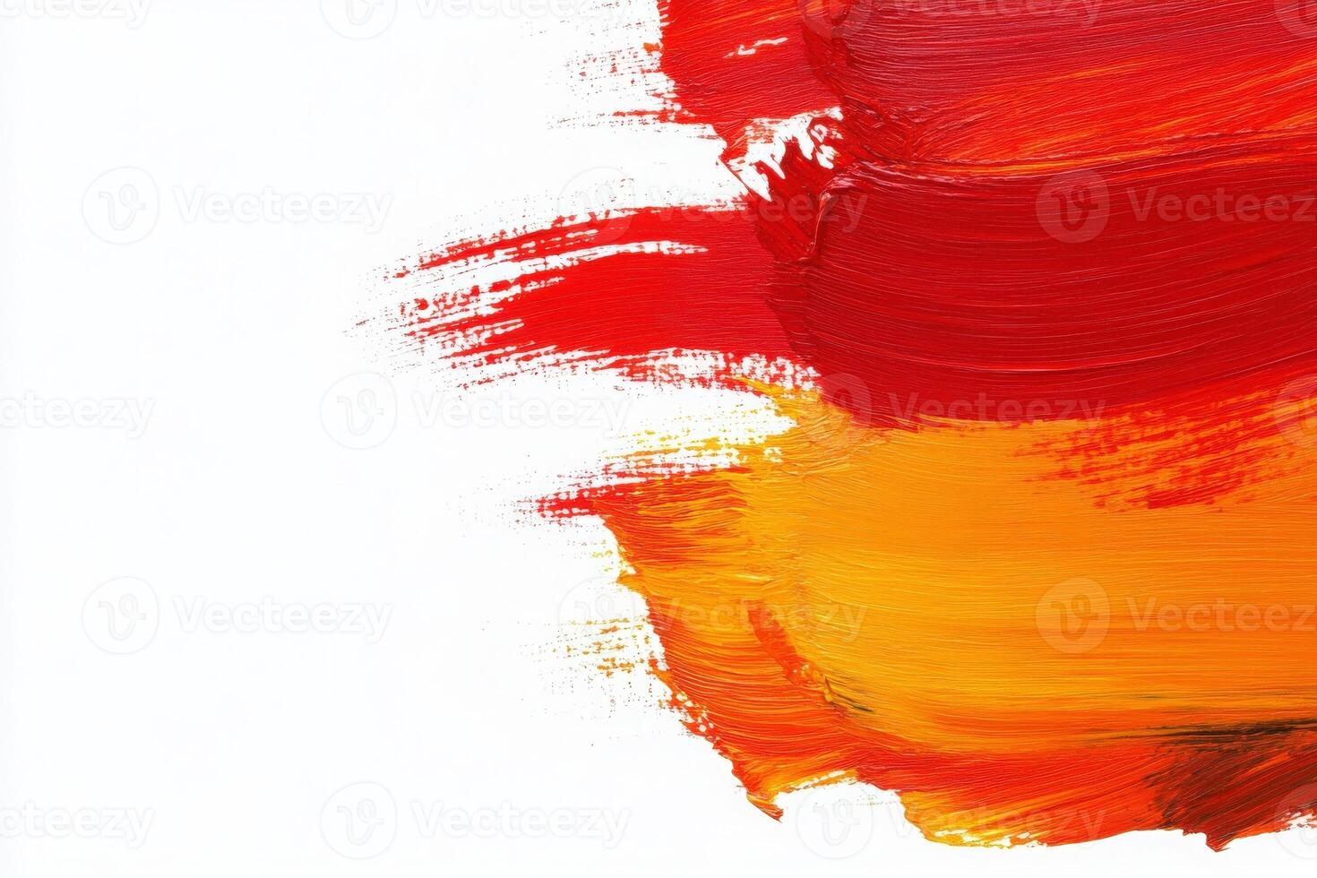 Vibrant strokes of red, orange, and yellow paint intersect with a clean white canvas, forming a captivating abstract composition that evokes energy and warmth. photo