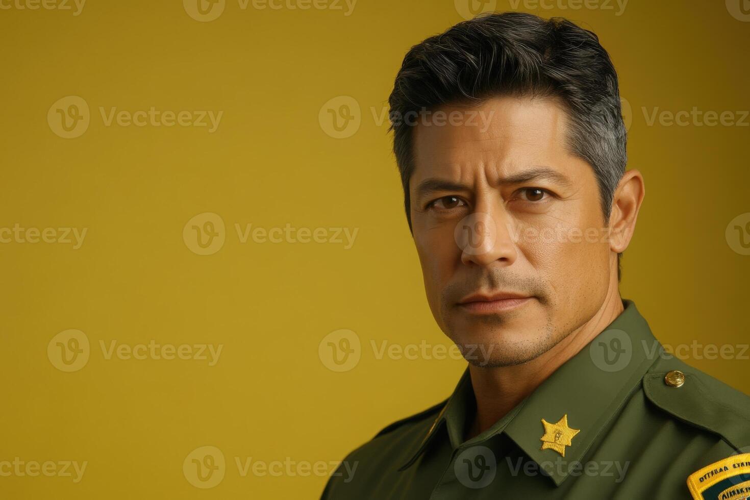 A border control officer stands confidently, wearing a crisp uniform and a badge. The background is a clean, solid color, highlighting the officers serious demeanor and commitment to duty. photo