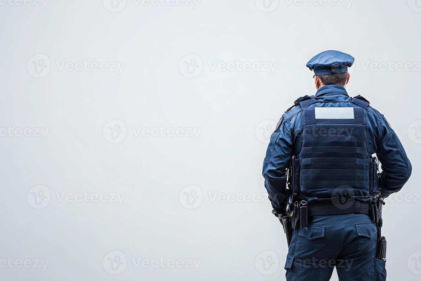 A border control officer wearing a tactical uniform stands with his back to the viewer, monitoring the area. The officer remains attentive while positioned against a clean, solid backdrop. photo