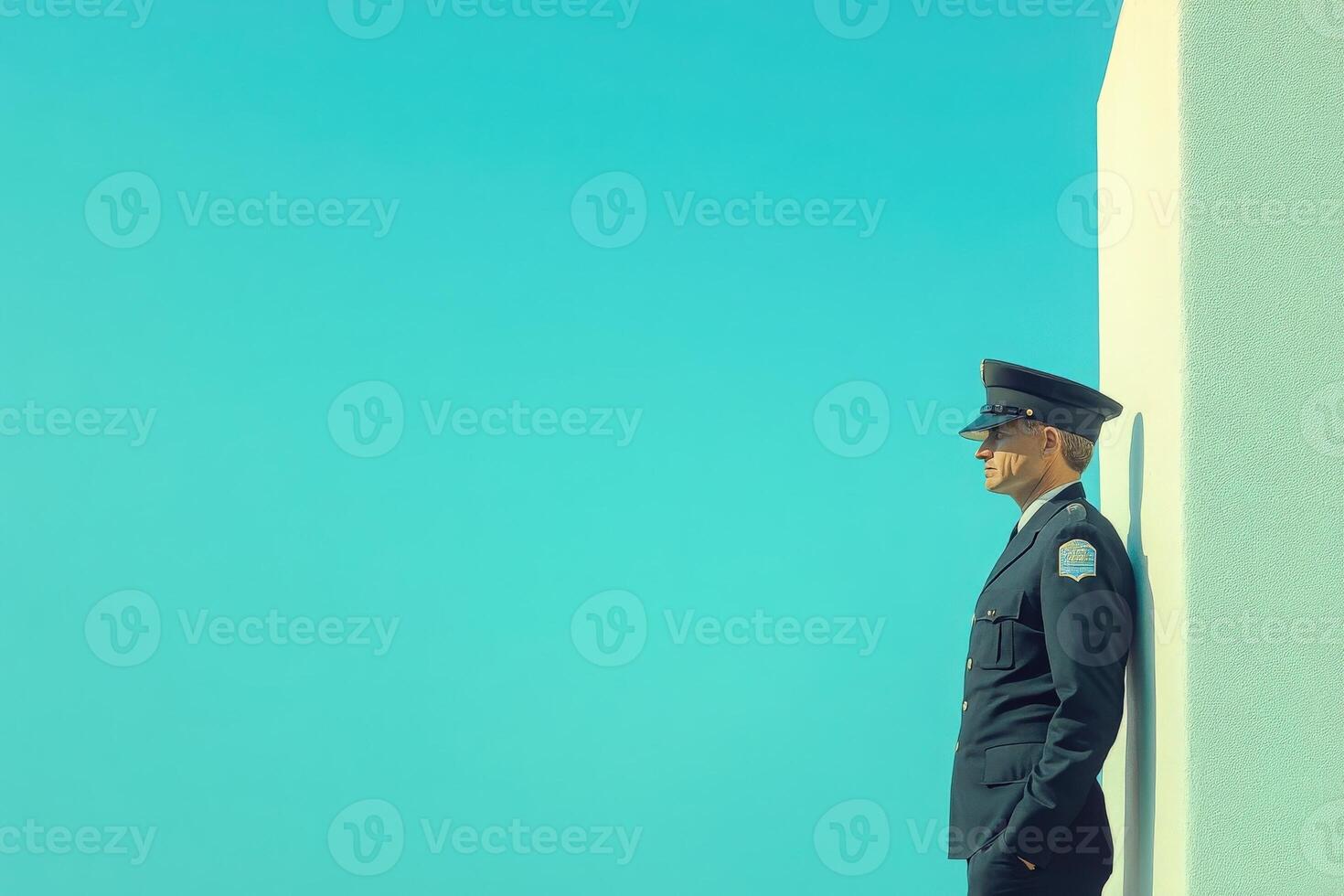 A border control officer stands upright against a solid background, observing the surroundings. The officer is dressed in uniform, displaying a vigilant demeanor under bright sunlight. photo