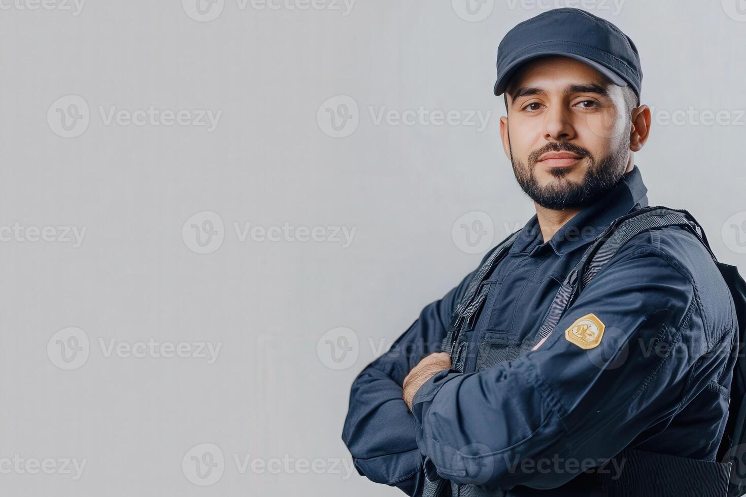 A border control officer stands with arms crossed, displaying a composed demeanor in uniform. The setting is clean and minimal, emphasizing professionalism and authority in border security. photo