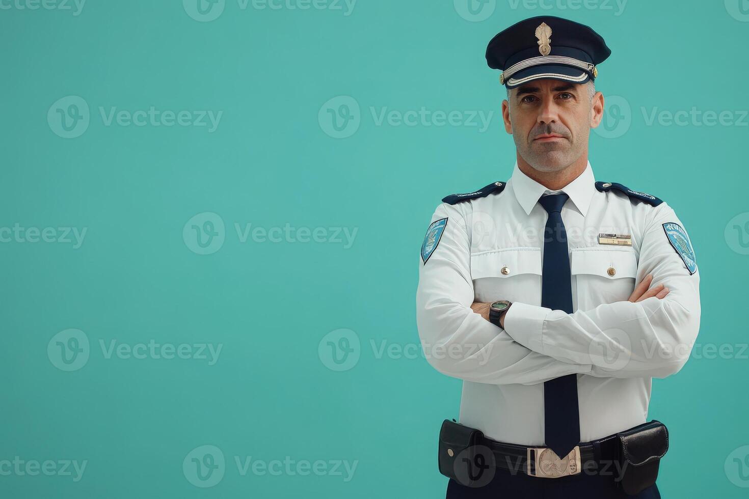A border control officer stands with arms crossed in a professional uniform. The officer showcases a determined expression, set against a clean turquoise backdrop. photo
