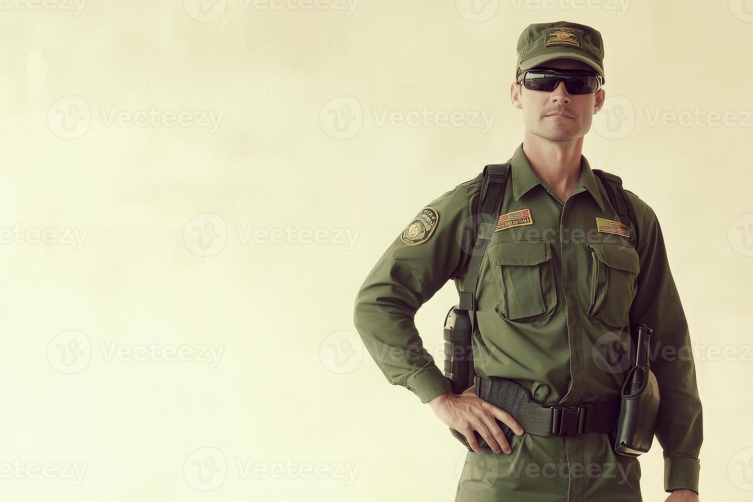 A border control officer poses in full uniform, showcasing a disciplined appearance with sunglasses. The clear background emphasizes the officers readiness for duty in a secure environment. photo