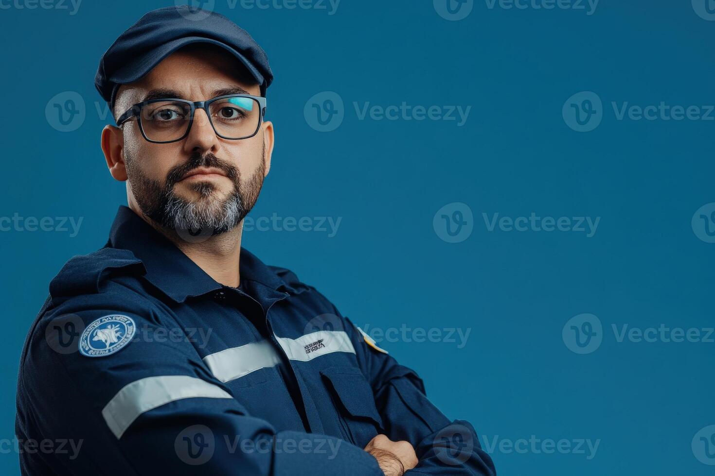 A border control officer stands with arms crossed, showcasing professionalism and authority. His clean uniform and glasses emphasize a serious commitment to security. The solid backdrop adds focus. photo