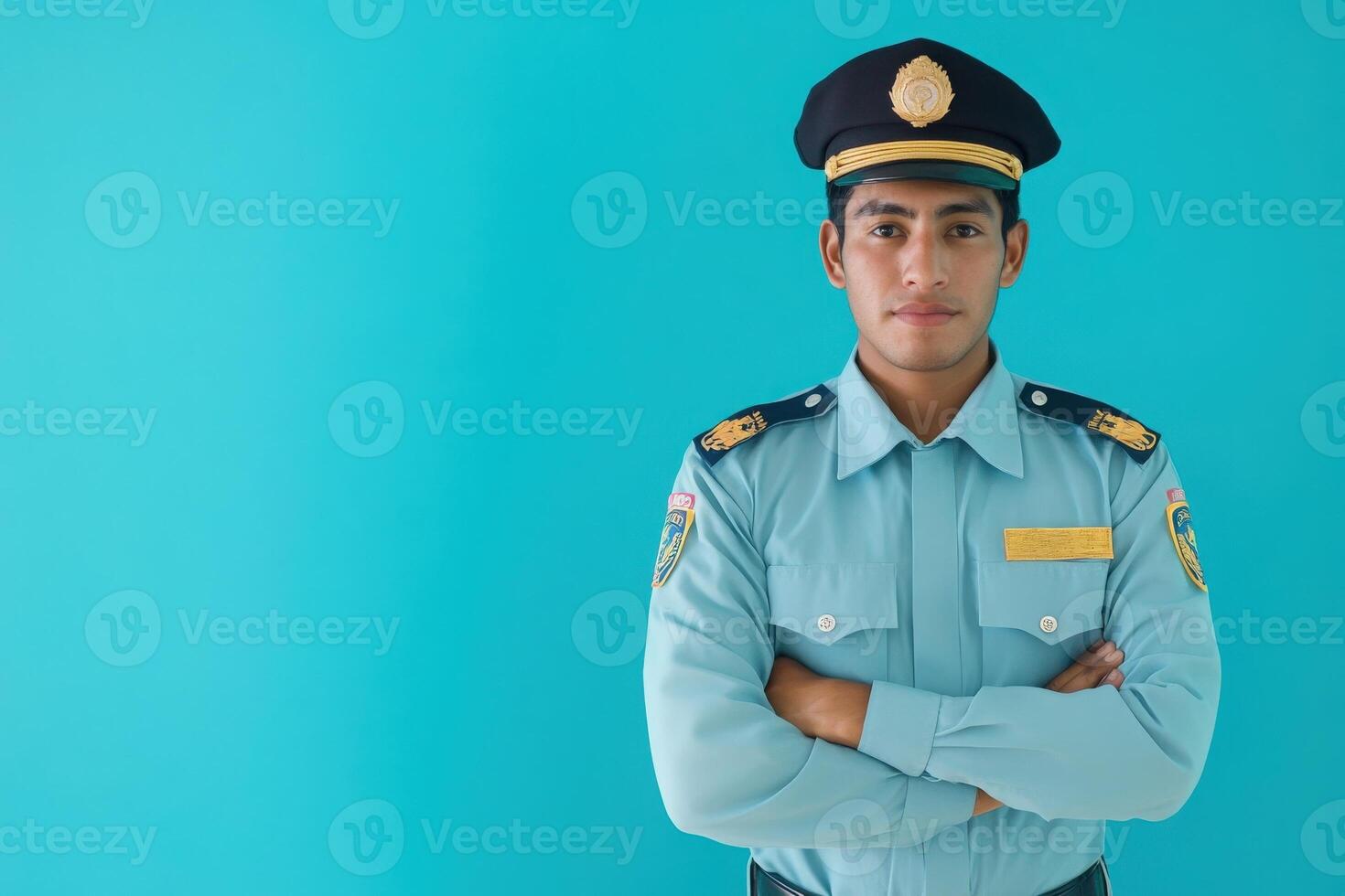 A border control officer stands with arms crossed, wearing a uniform and cap. The clean teal backdrop highlights the officers focus and readiness for duty during work hours. photo