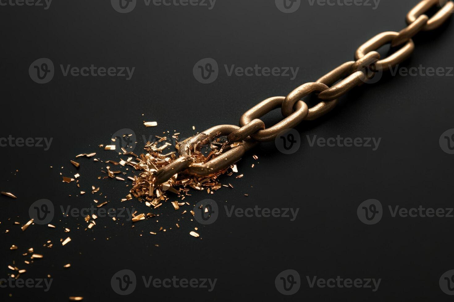 A broken chain lies on a dark surface, with metallic shards scattered around it, representing economic disruptions and financial challenges in a contemporary minimalist style. photo