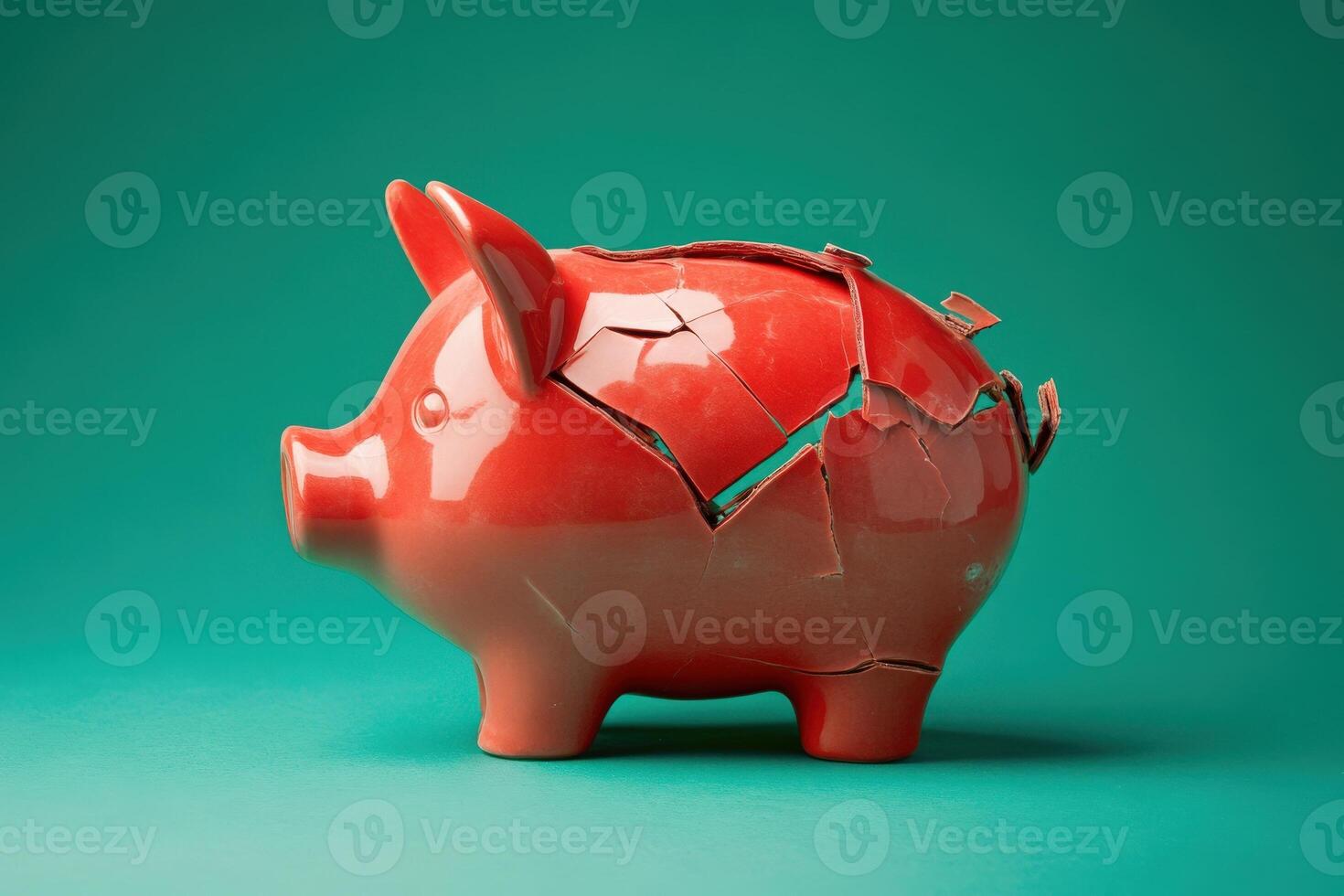 The broken piggy bank sits on a smooth, solid backdrop, showcasing its cracks and the lost potential for saving money. photo