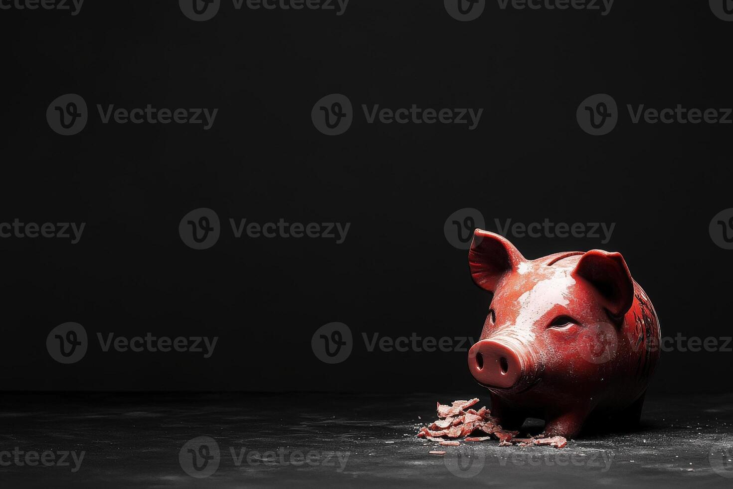 A broken piggy bank sits on a clean black surface, with coins scattered around it, symbolizing lost savings. The stark contrast highlights the unexpected end of financial dreams and plans. photo